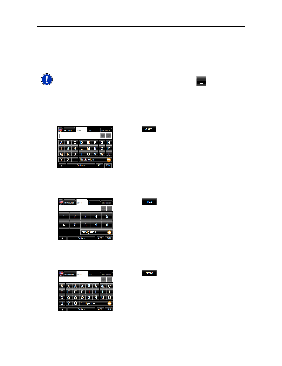 Using keyboards, Alphabetic keyboard, Numeric keyboard | Special character/symbol keyboard | Navigon 2000S User Manual | Page 44 / 124