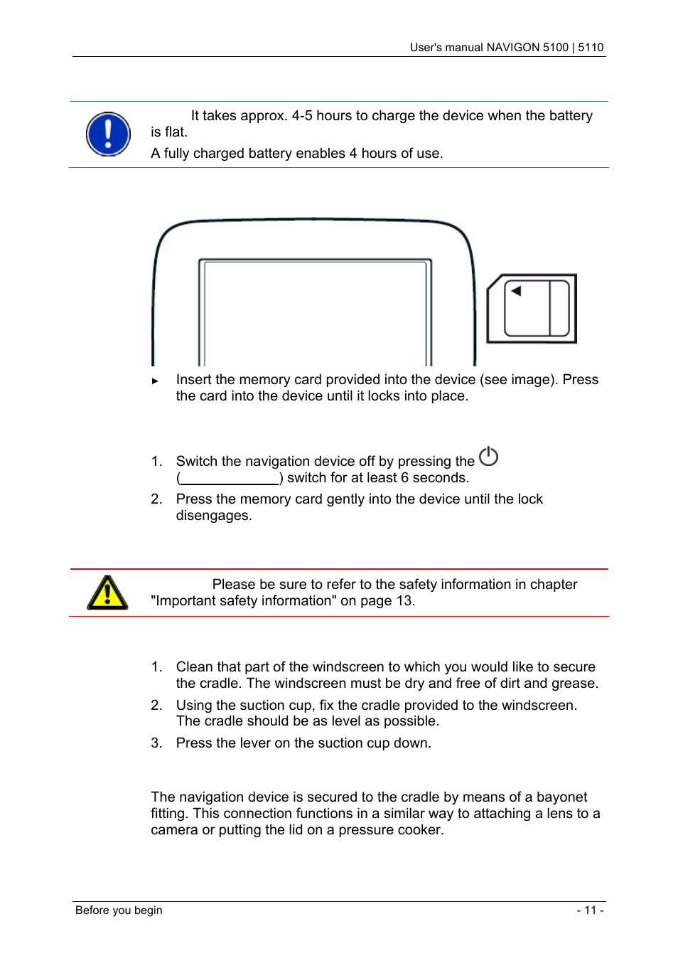 2 inserting a memory card, 3 preparing the navigation system for use, Inserting a memory card | Preparing the navigation system for use | Navigon PNA 5100 User Manual | Page 11 / 53