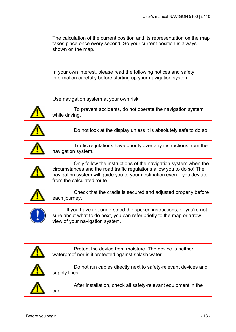 5 important safety information, 1 navigation safety information, 2 safety information for the navigation device | Important safety information, Navigation safety information, Safety information for the navigation device | Navigon PNA 5100 User Manual | Page 13 / 53