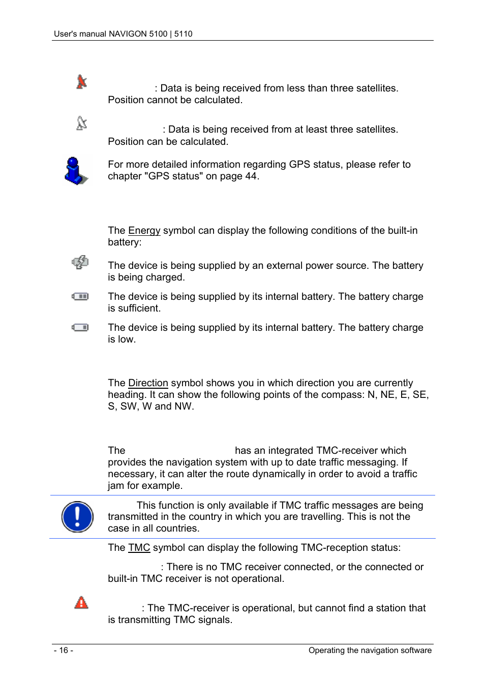 Energy, Direction, Tmc (traffic information) | Navigon PNA 5100 User Manual | Page 16 / 53