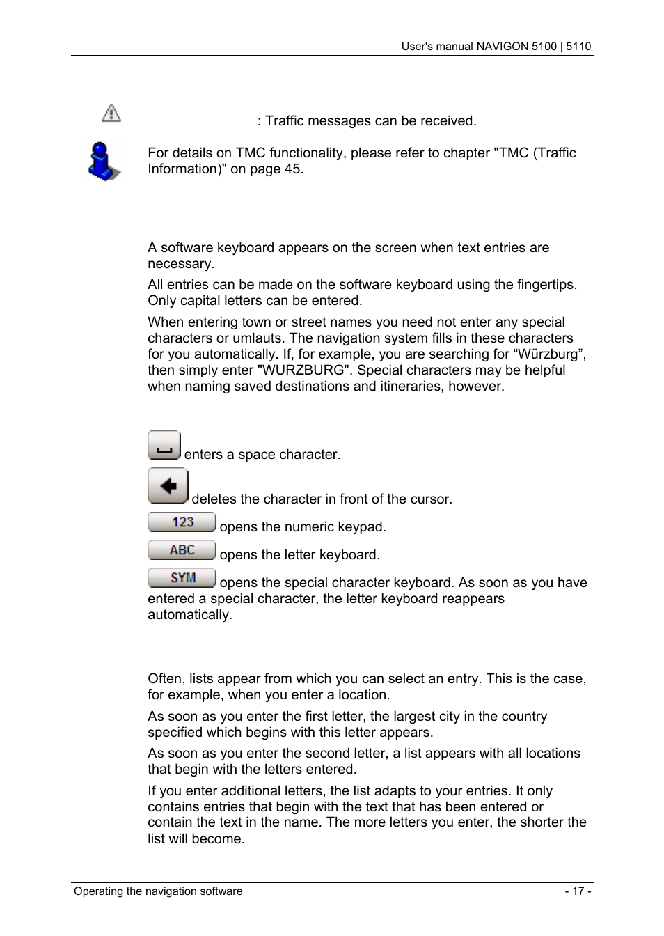3 software keyboard, 4 lists, Software keyboard | Lists | Navigon PNA 5100 User Manual | Page 17 / 53