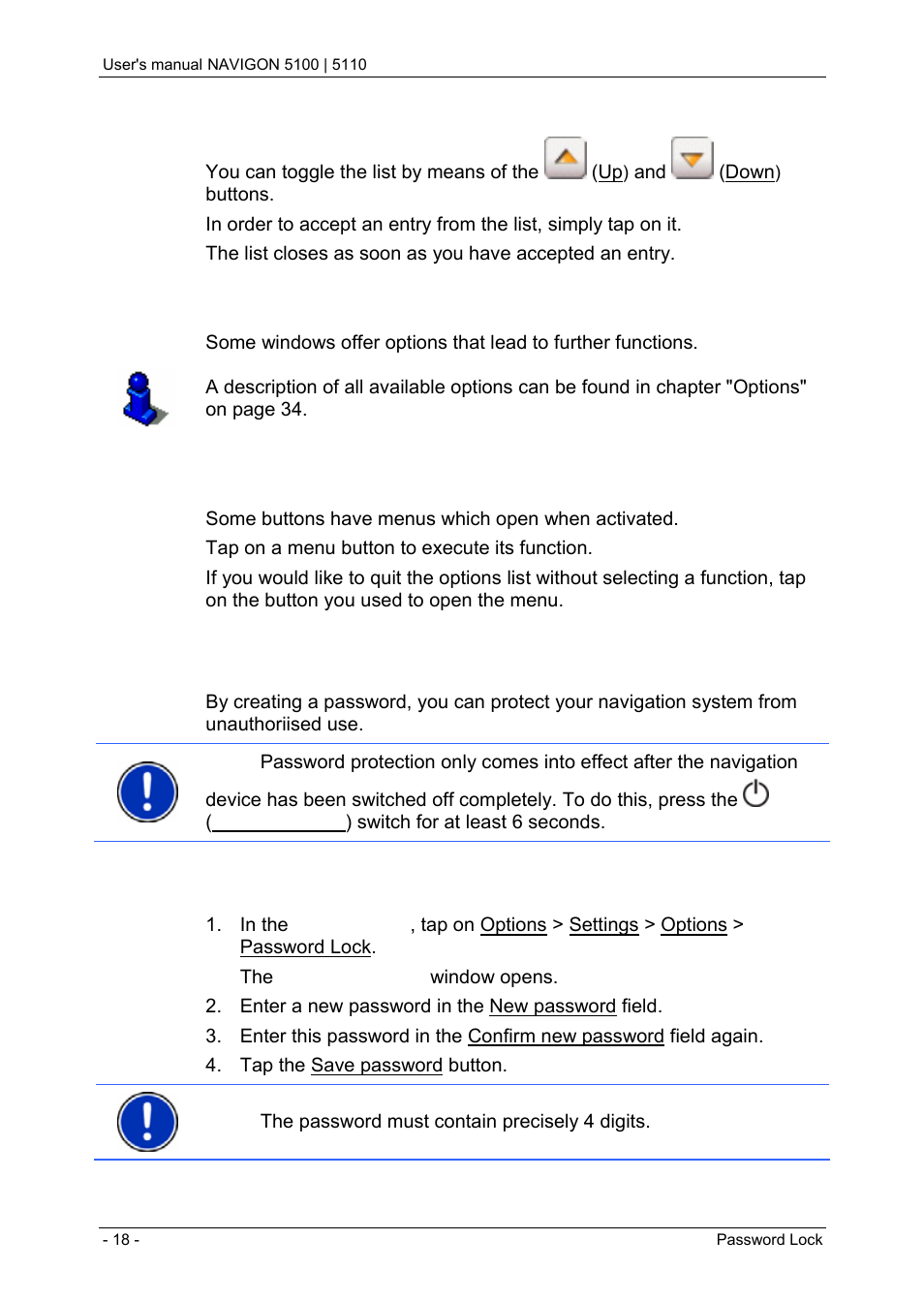 5 options, 6 menus, 4 password lock | 1 activating password protection, Options, Menus, Password lock, Activating password protection | Navigon PNA 5100 User Manual | Page 18 / 53