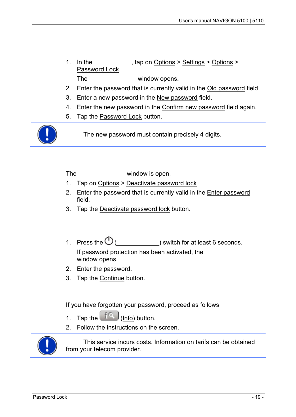 2 changing a password, 3 cancelling password protection, 4 switching on navigon 5100 | 5110 | 1 forgotten your password, Changing a password, Cancelling password protection, Switching on navigon 5100 | 5110, Forgotten your password | Navigon PNA 5100 User Manual | Page 19 / 53