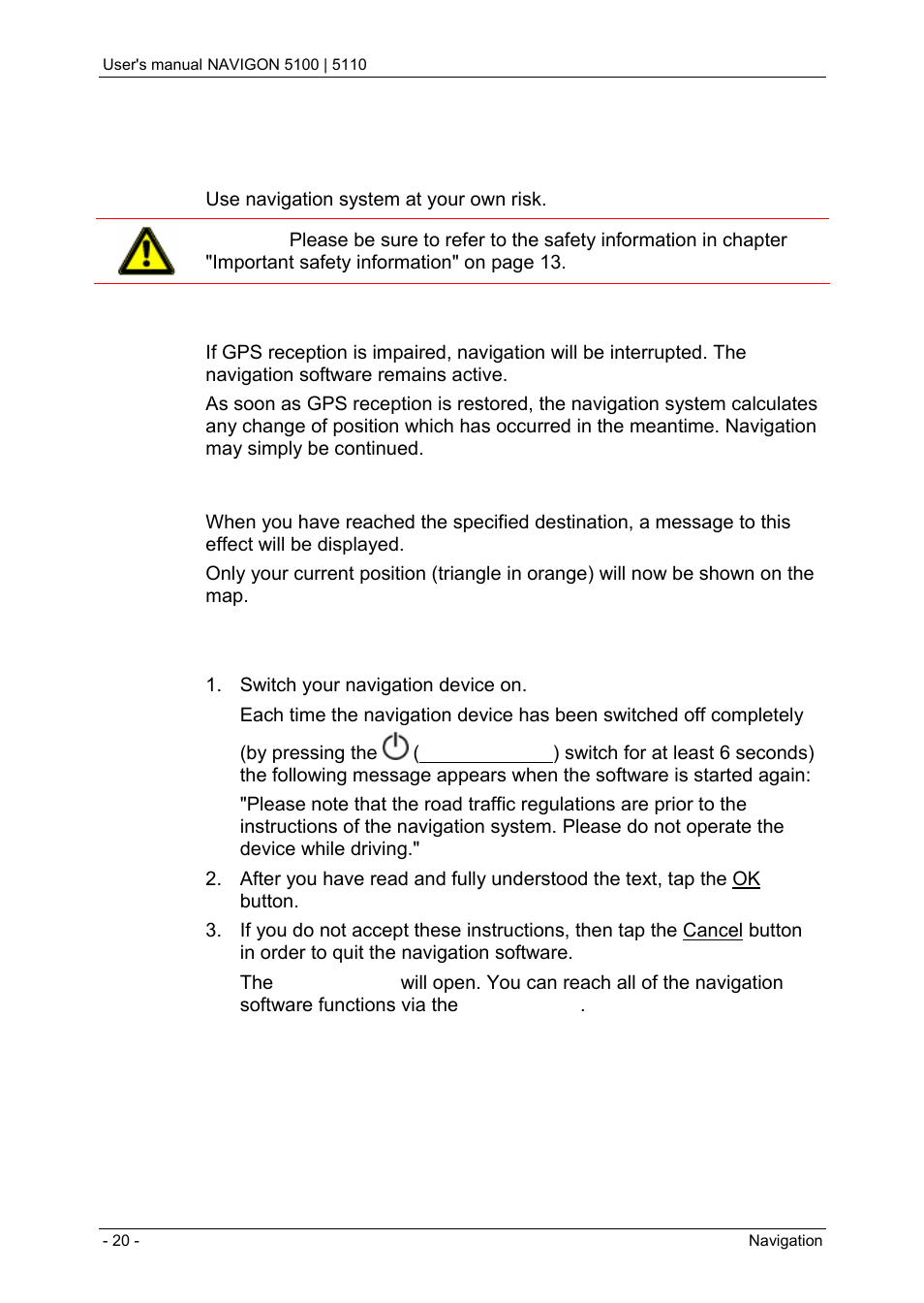 5 navigation, 1 starting navigon 5100 | 5110, Navigation | Starting navigon 5100 | 5110 | Navigon PNA 5100 User Manual | Page 20 / 53
