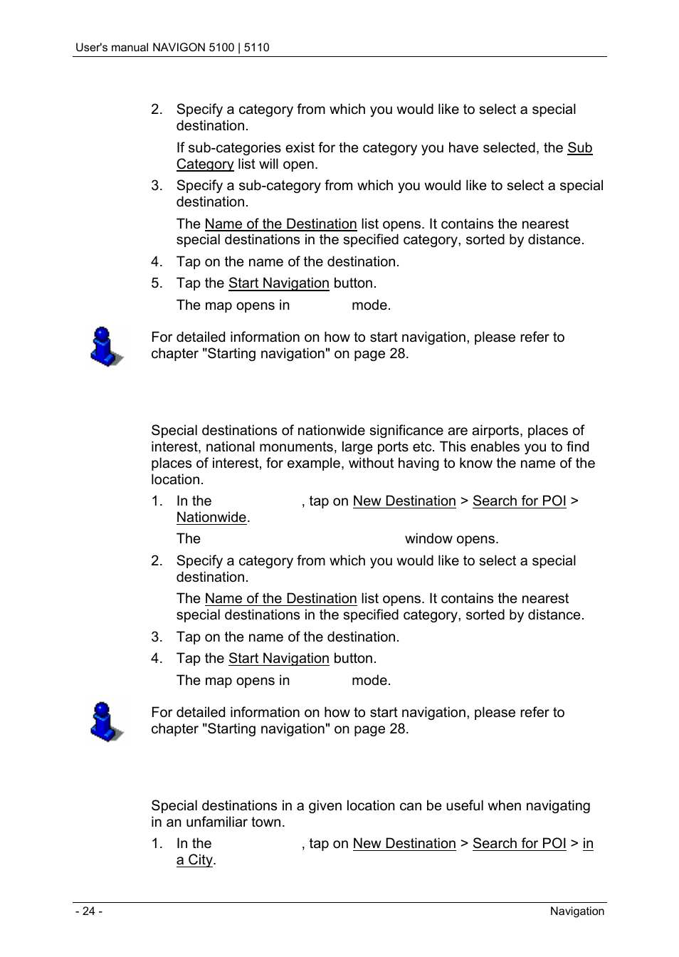 Special destinations of nationwide significance, Special destinations in a given location | Navigon PNA 5100 User Manual | Page 24 / 53