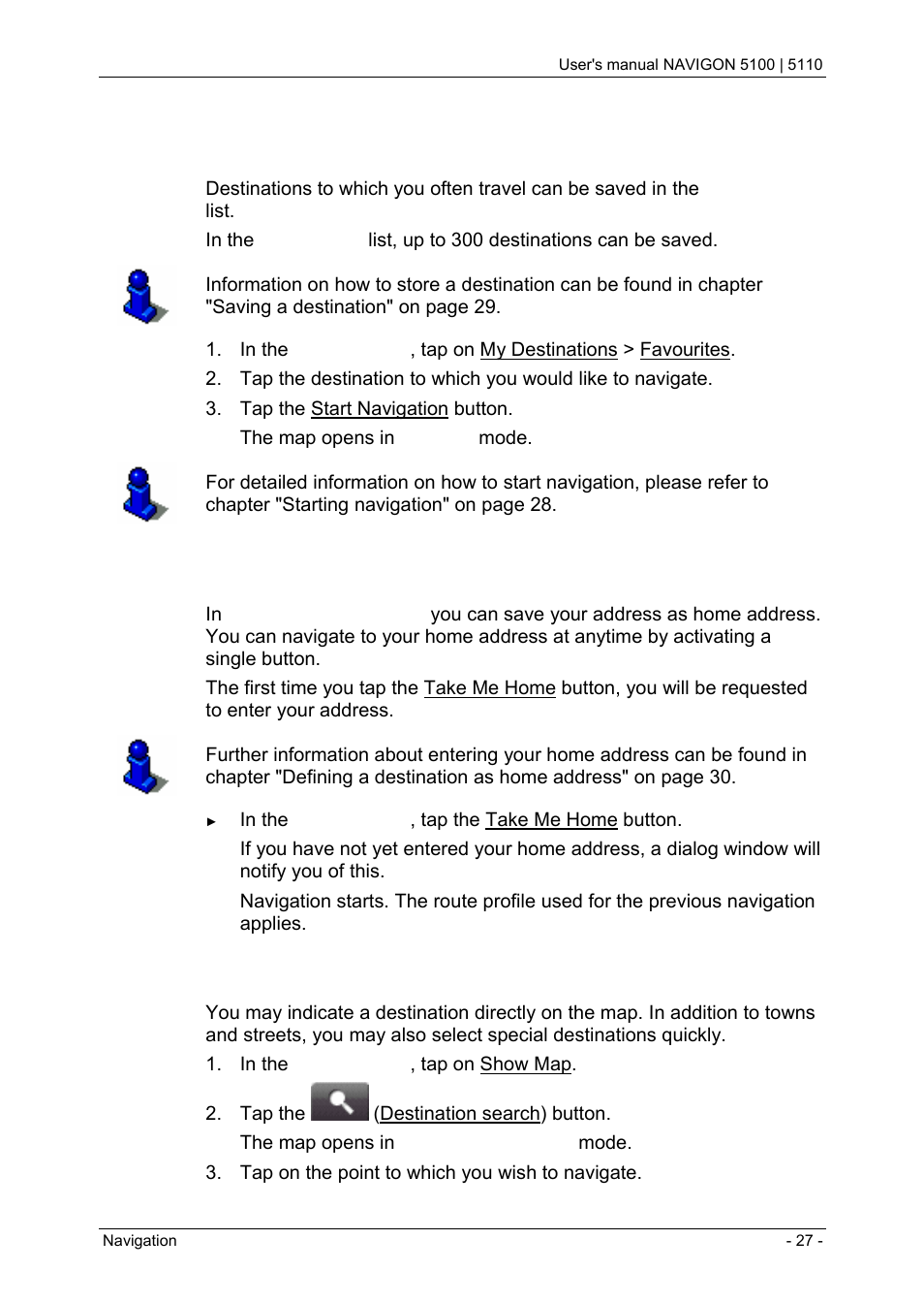 2 favourites, 4 navigating homewards, 5 determining destinations on the map | Favourites, Navigating homewards, Determining destinations on the map | Navigon PNA 5100 User Manual | Page 27 / 53