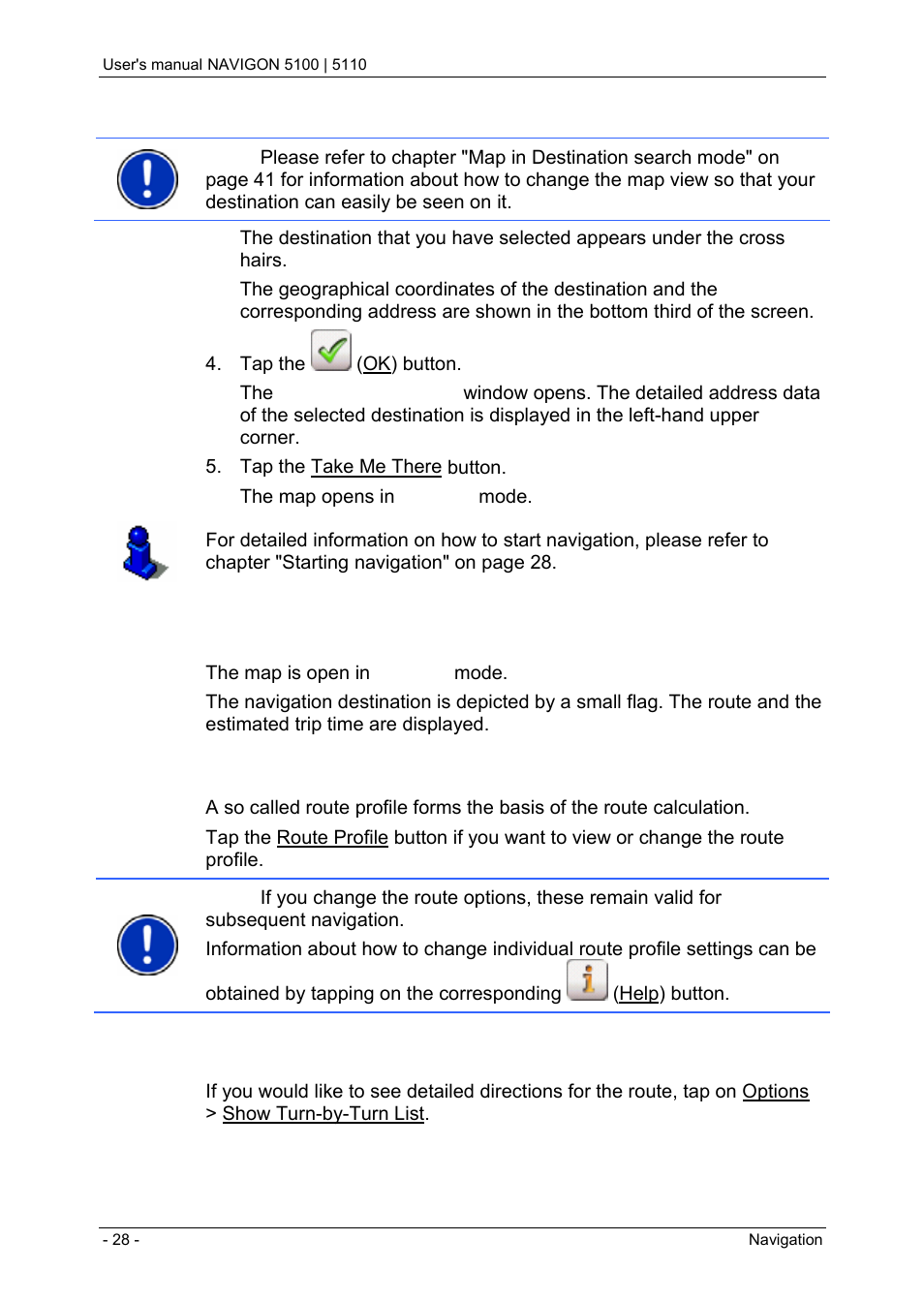 6 starting navigation, Starting navigation, Starting navigation" o | Chapter "starting navigation" on p, Route profile, Turn-by-turn list | Navigon PNA 5100 User Manual | Page 28 / 53