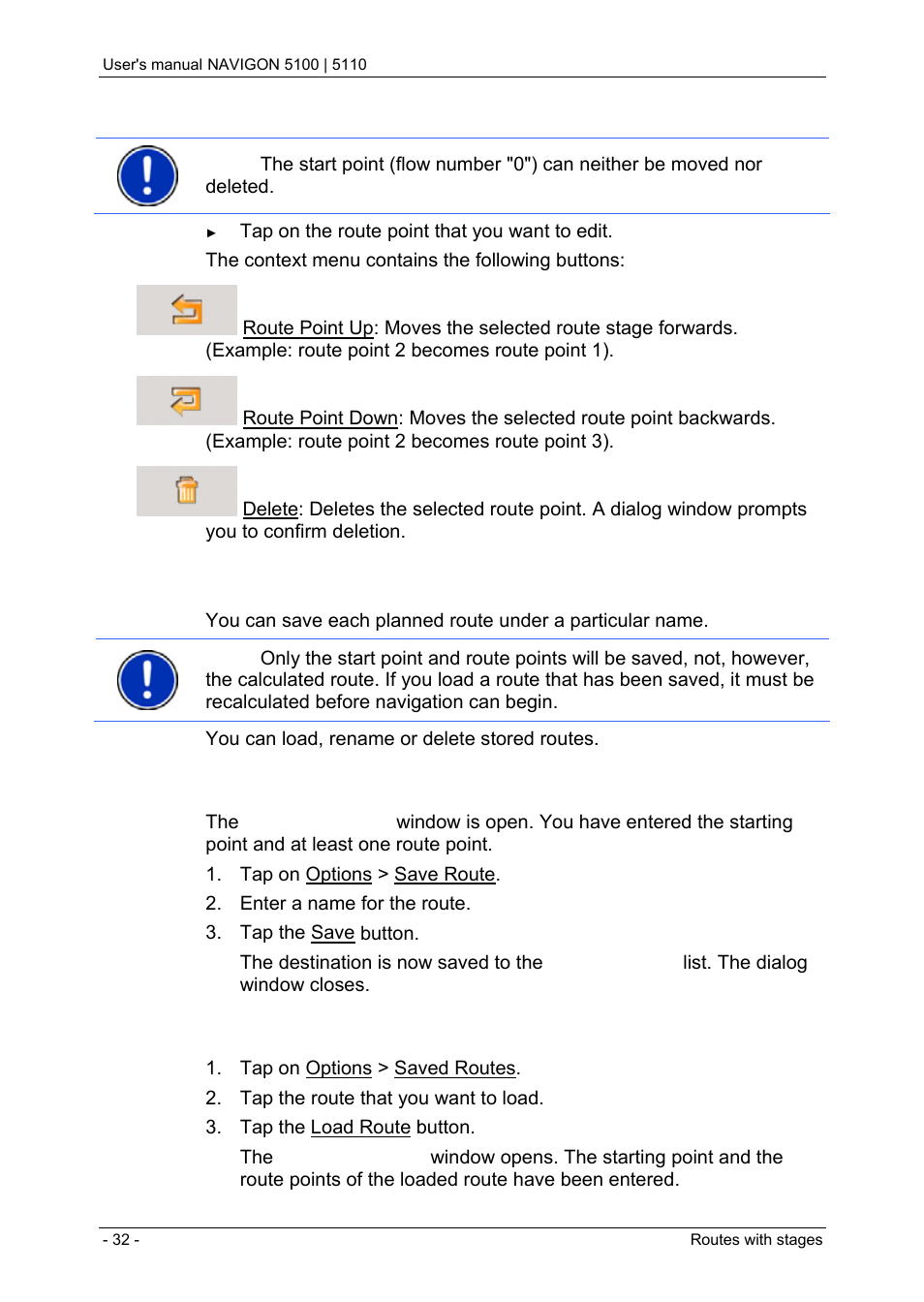 2 managing routes, 1 saving routes, 2 loading routes | Managing routes, Saving routes, Loading routes | Navigon PNA 5100 User Manual | Page 32 / 53
