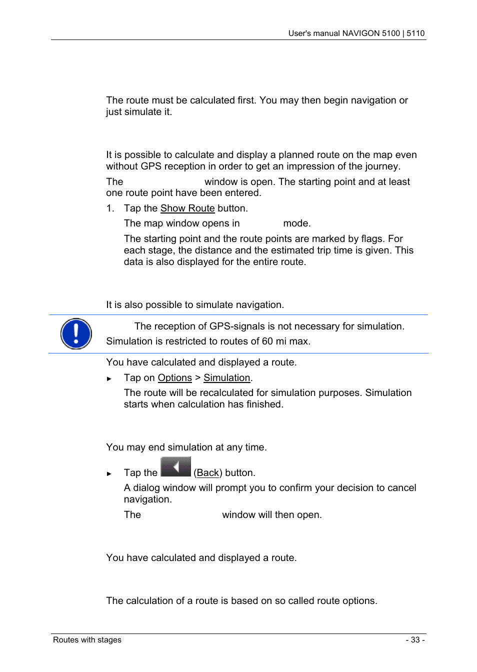 3 navigation, 1 calculating and displaying routes, 2 simulating routes | 3 starting navigation, Navigation, Calculating and displaying routes, Simulating routes, Starting navigation, Ending simulation, Route profile | Navigon PNA 5100 User Manual | Page 33 / 53