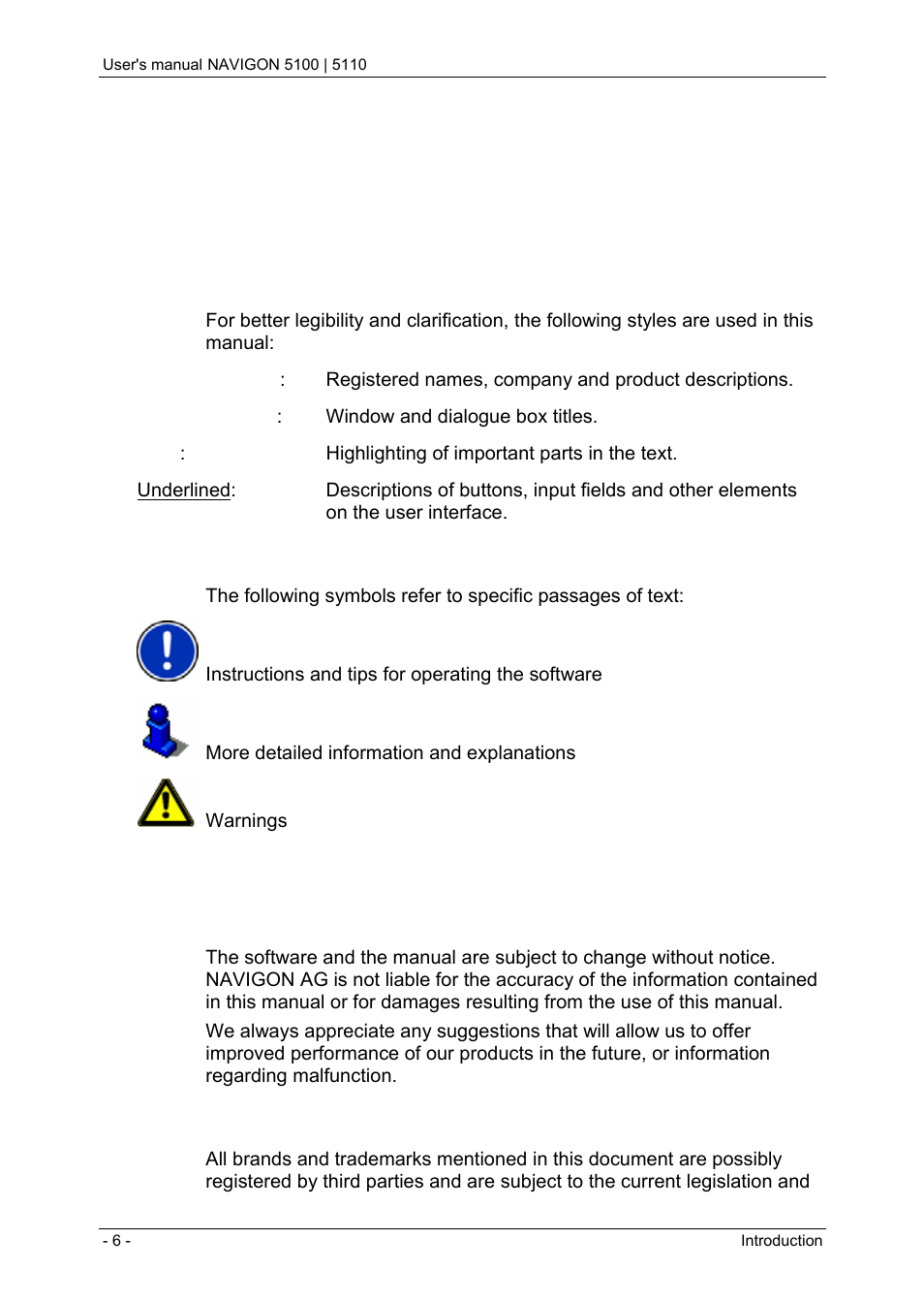 1 introduction, 1 about this manual, 1 conventions | 2 symbols, 2 legal notice, 1 liability, 2 trademarks, Introduction, About this manual, Conventions | Navigon PNA 5100 User Manual | Page 6 / 53
