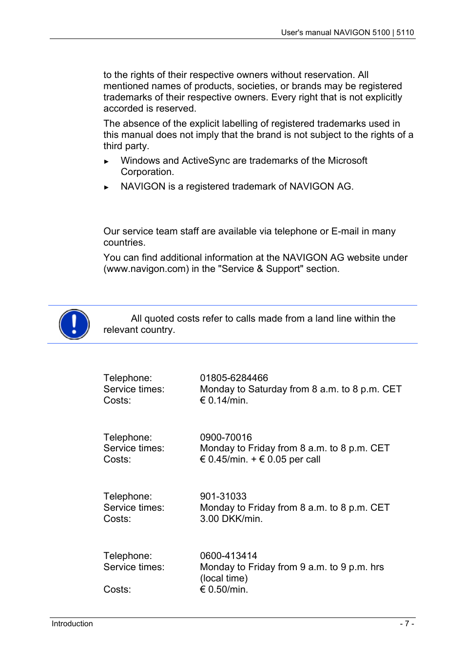 3 customer service, Customer service, Telephone support | Navigon PNA 5100 User Manual | Page 7 / 53