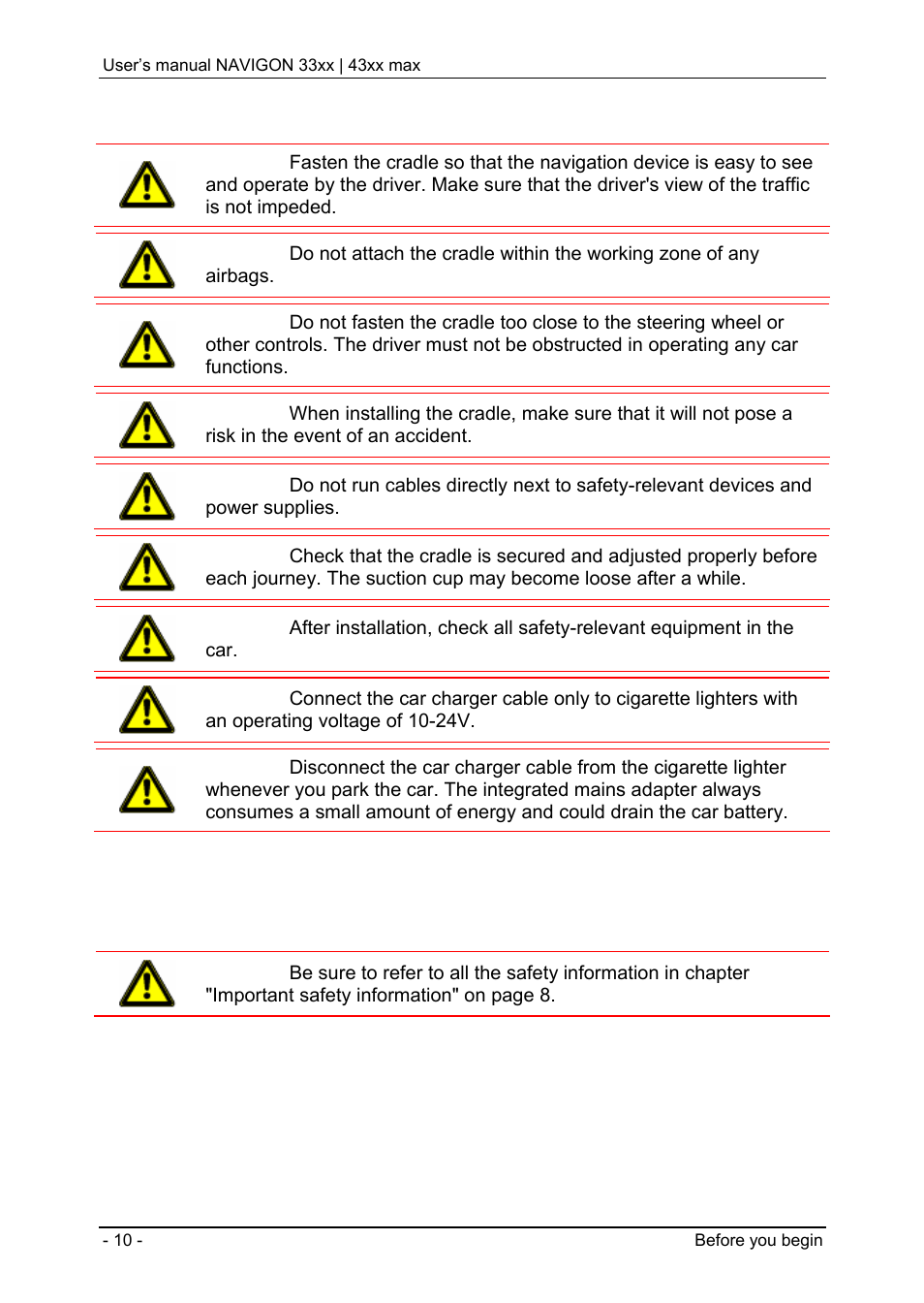 4 preparing the navigon 33xx | 43xx max for use, 1 installing the navigation system in the vehicle, Preparing the navigon 33xx | 43xx max for use | Installing the navigation system in the vehicle | Navigon 33xx User Manual | Page 10 / 80
