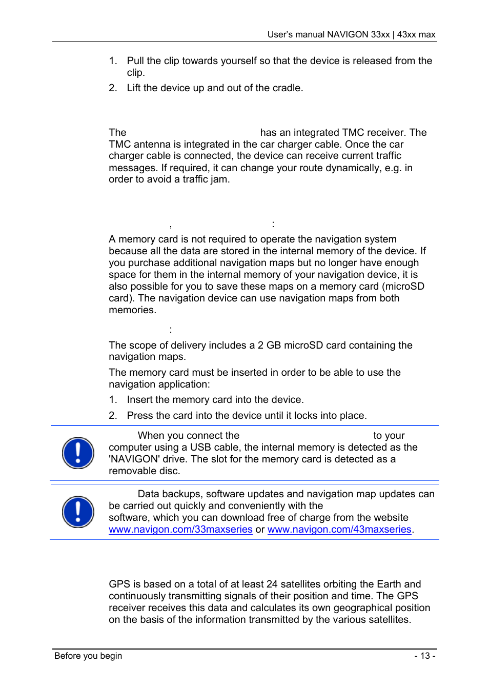 2 tmc antenna, 3 memory card, 5 navigating with gps | Tmc antenna, Memory card | Navigon 33xx User Manual | Page 13 / 80