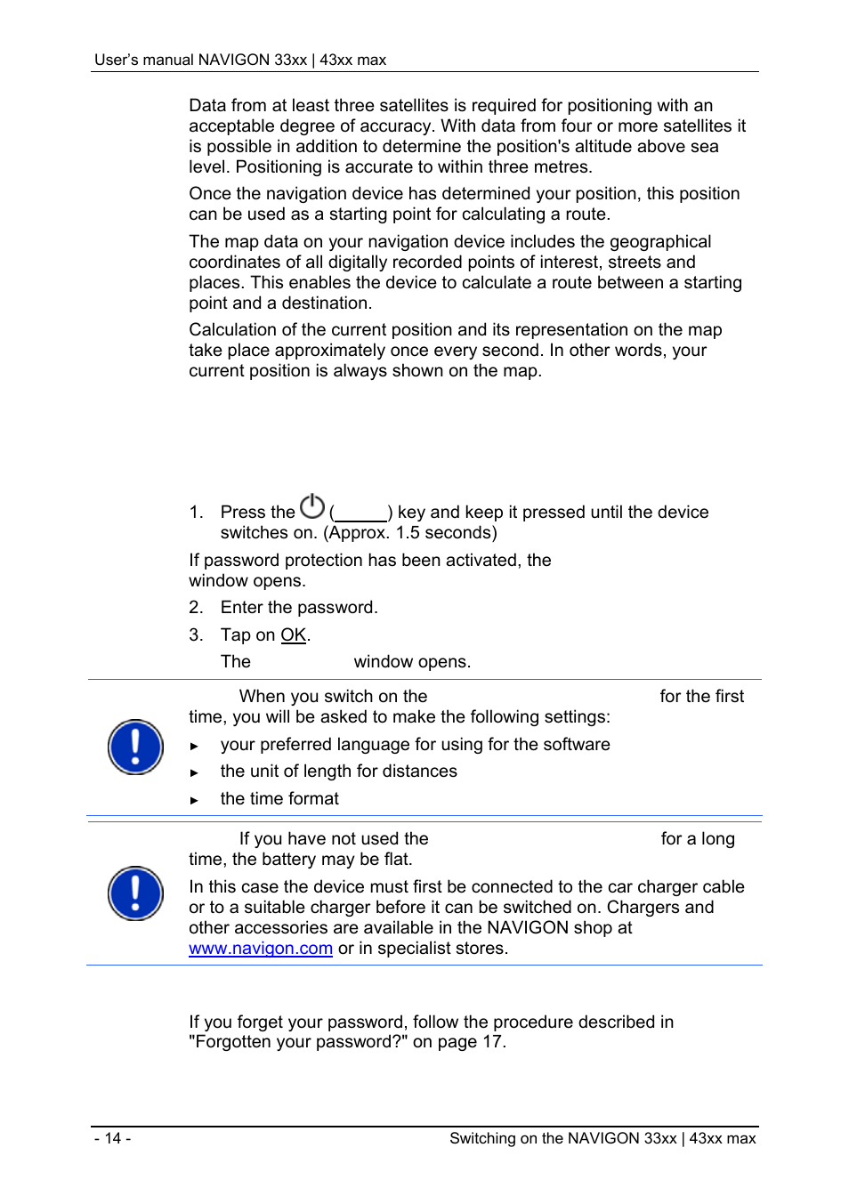 3 switching on the navigon 33xx | 43xx max, Navigating with gps, Switching on the navigon 33xx | 43xx max | Navigon 33xx User Manual | Page 14 / 80