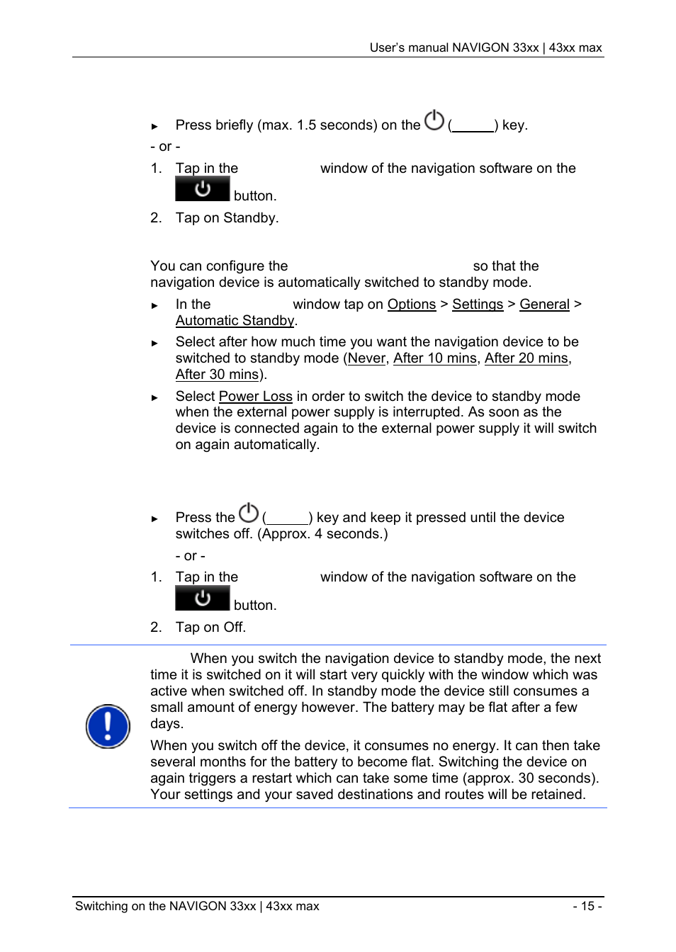 Switching the navigation device to standby mode, Switching off the navigation device | Navigon 33xx User Manual | Page 15 / 80