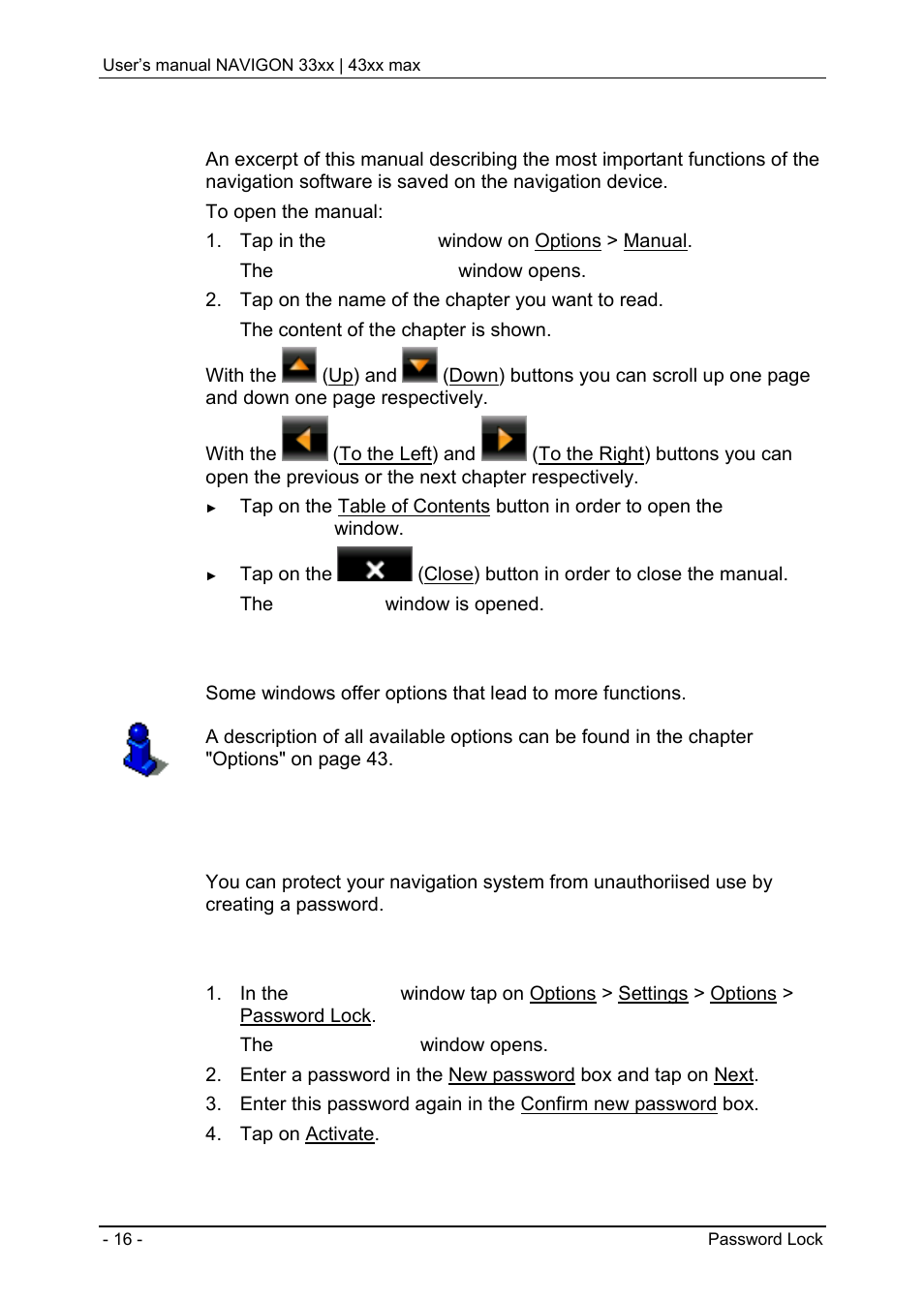1 manual, 2 options, 4 password lock | 1 activating password protection, Manual, Options | Navigon 33xx User Manual | Page 16 / 80
