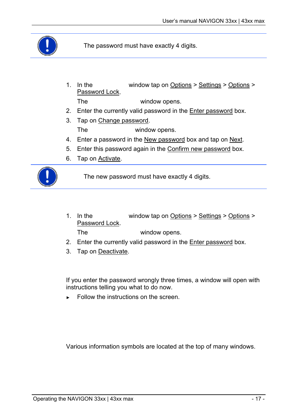 2 changing a password, 3 cancelling password protection, 4 forgotten your password | 5 operating the navigon 33xx | 43xx max, 1 information, Password lock, Activating password protection, Changing a password, Cancelling password protection | Navigon 33xx User Manual | Page 17 / 80