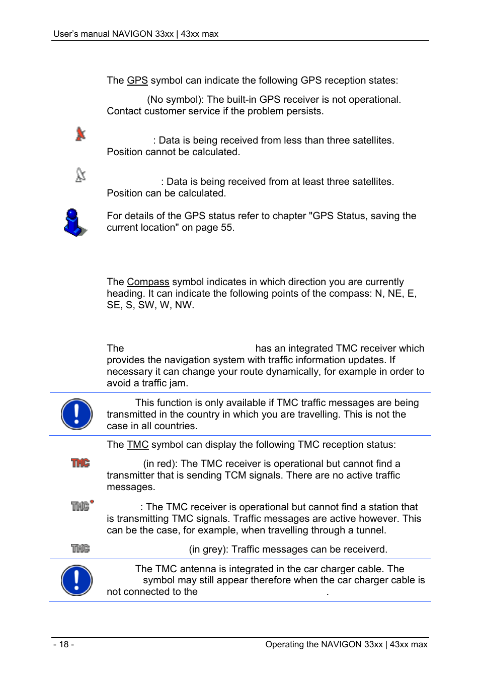 Forgotten your password, Operating the navigon 33xx | 43xx max, Information | Compass, Tmc (traffic information) | Navigon 33xx User Manual | Page 18 / 80