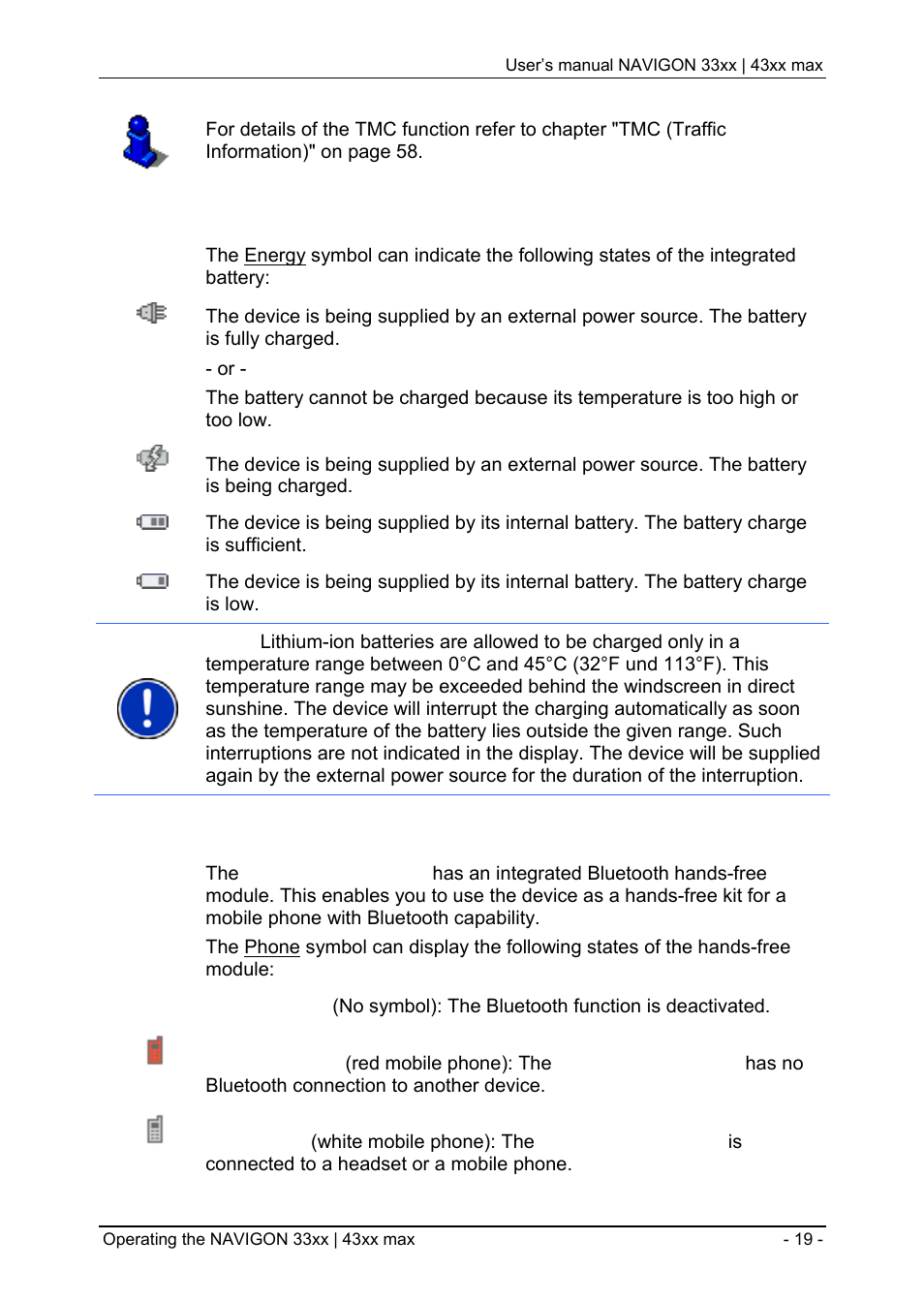 Energy, Bluetooth / phone (only navigon 4350 max) | Navigon 33xx User Manual | Page 19 / 80