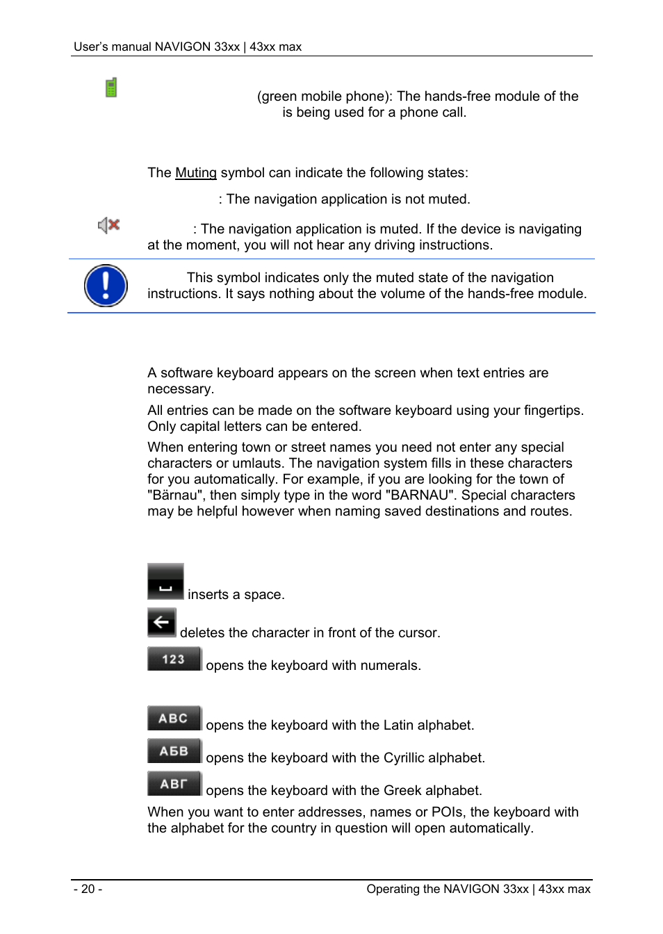 2 software keyboard, 1 special keys | Navigon 33xx User Manual | Page 20 / 80