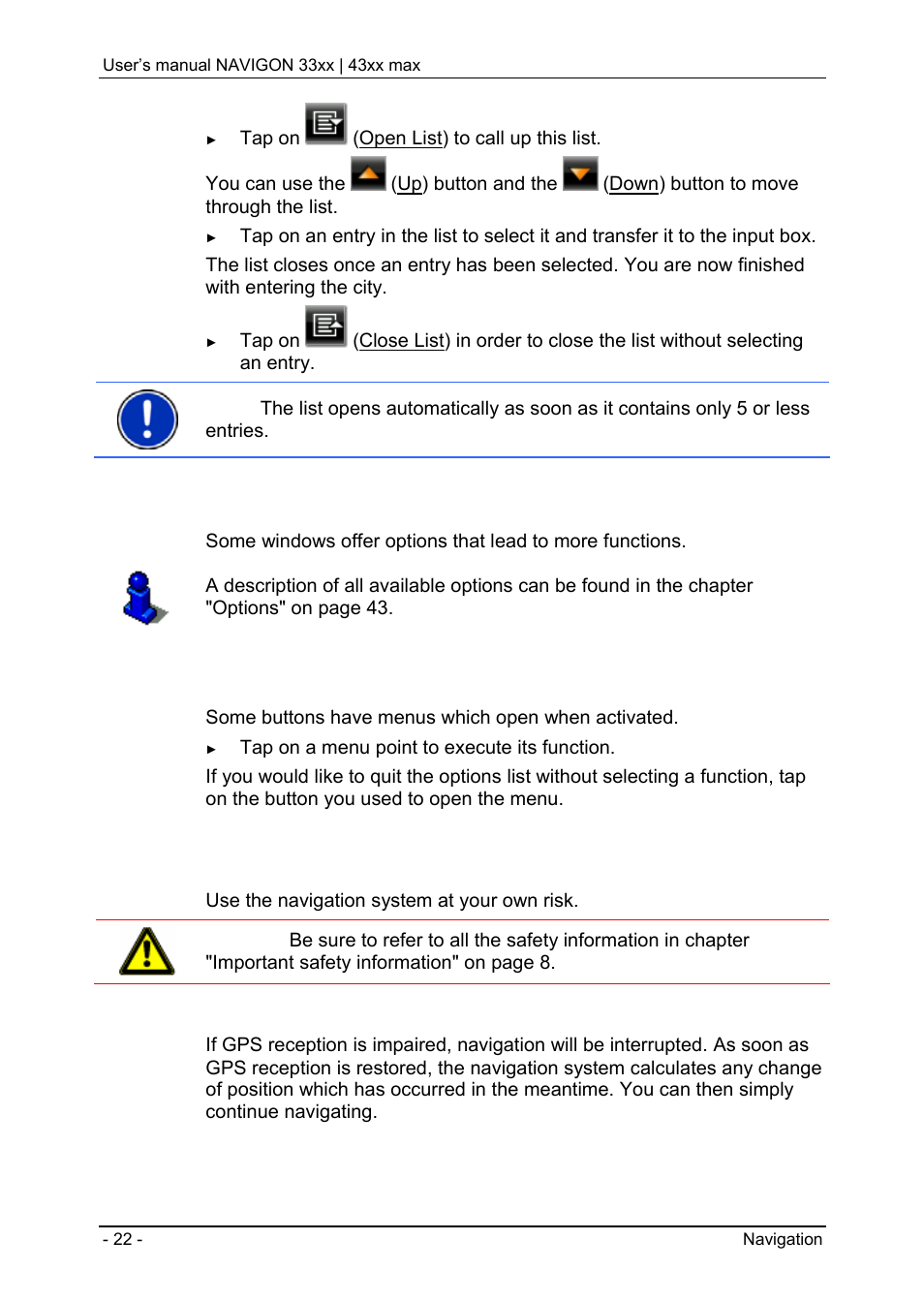 3 options, 4 menus, 6 navigation | Entering data | Navigon 33xx User Manual | Page 22 / 80