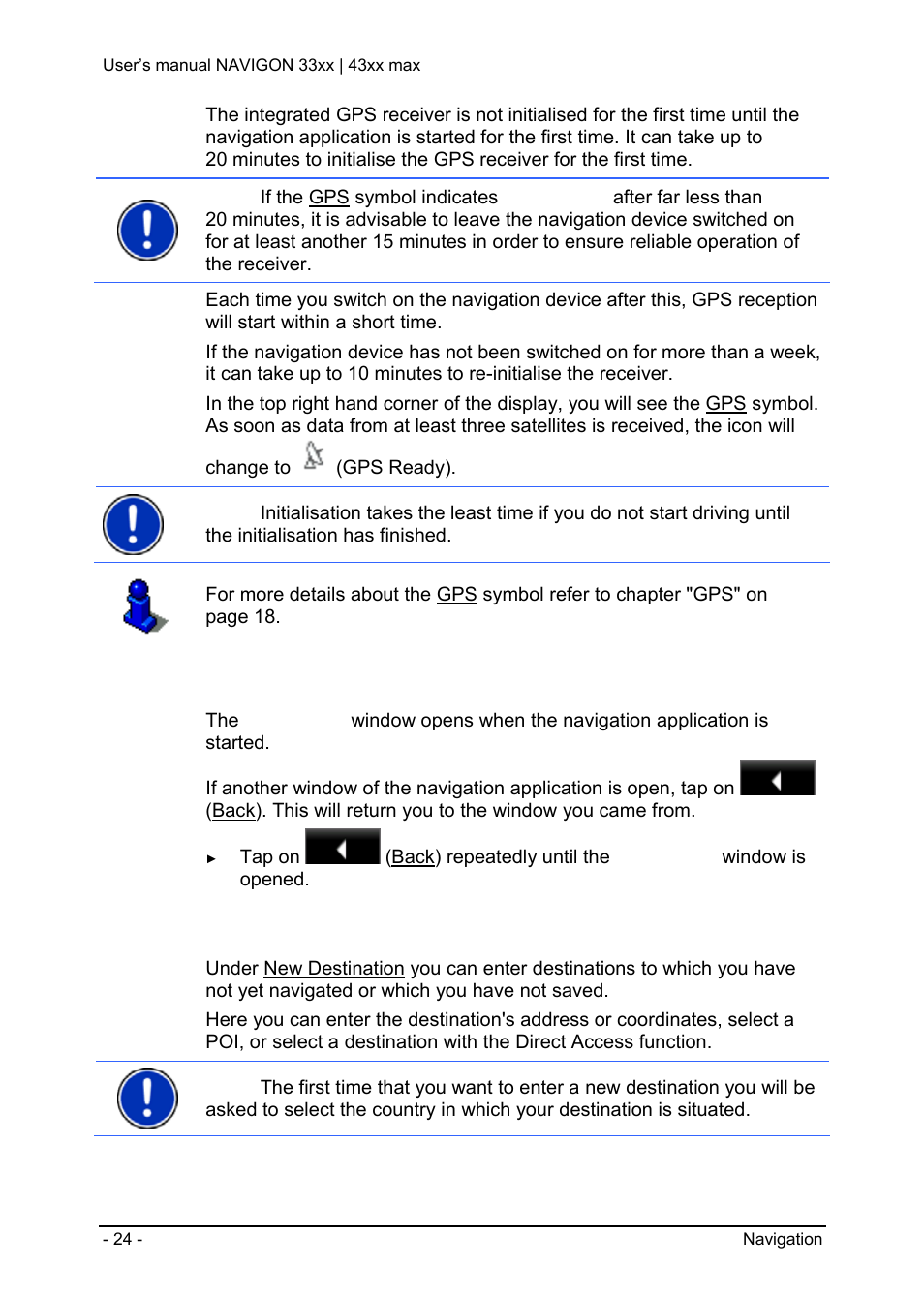 2 specifying a destination, Starting the navigation application, Returning to the navigation window | Navigon 33xx User Manual | Page 24 / 80