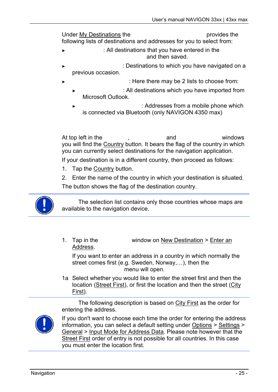 2 entering a destination address, Specifying a destination | Navigon 33xx User Manual | Page 25 / 80