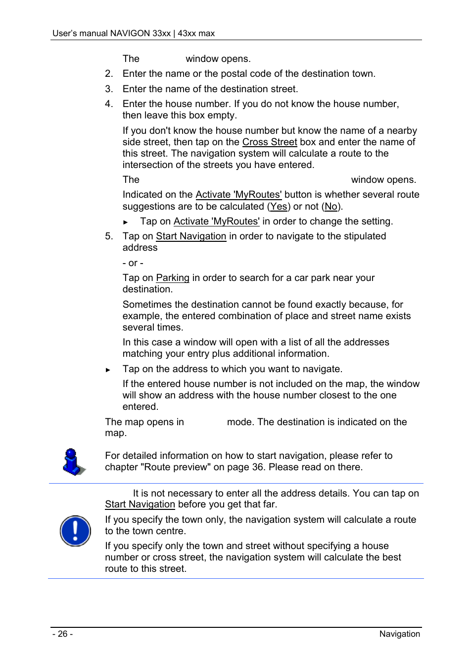 Entering a destination address | Navigon 33xx User Manual | Page 26 / 80
