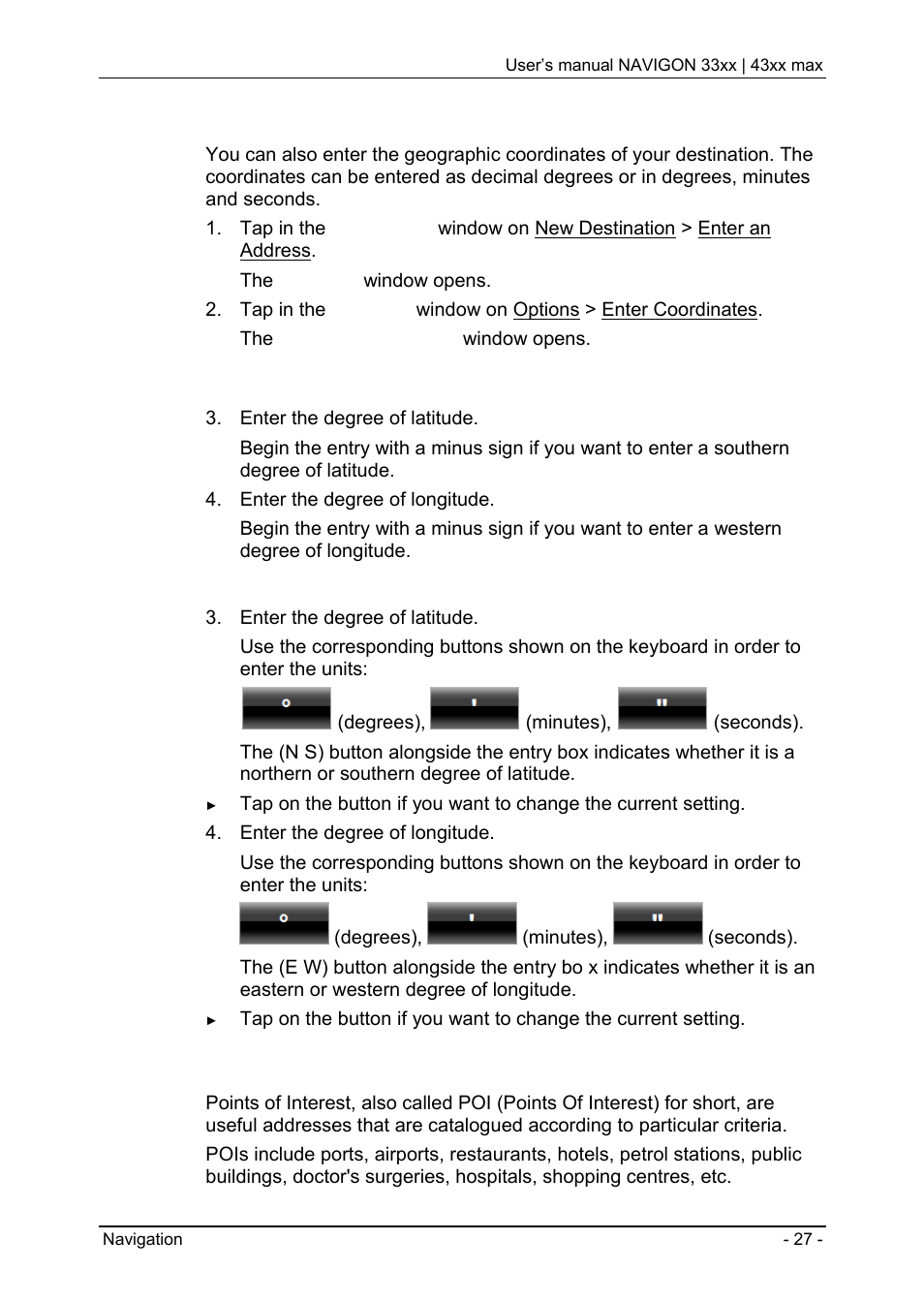 3 enter coordinates, 4 points of interest | Navigon 33xx User Manual | Page 27 / 80