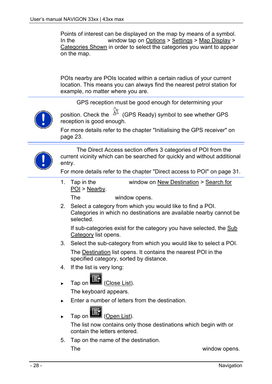 Enter coordinates, Points of interest, Poi nearby | Navigon 33xx User Manual | Page 28 / 80