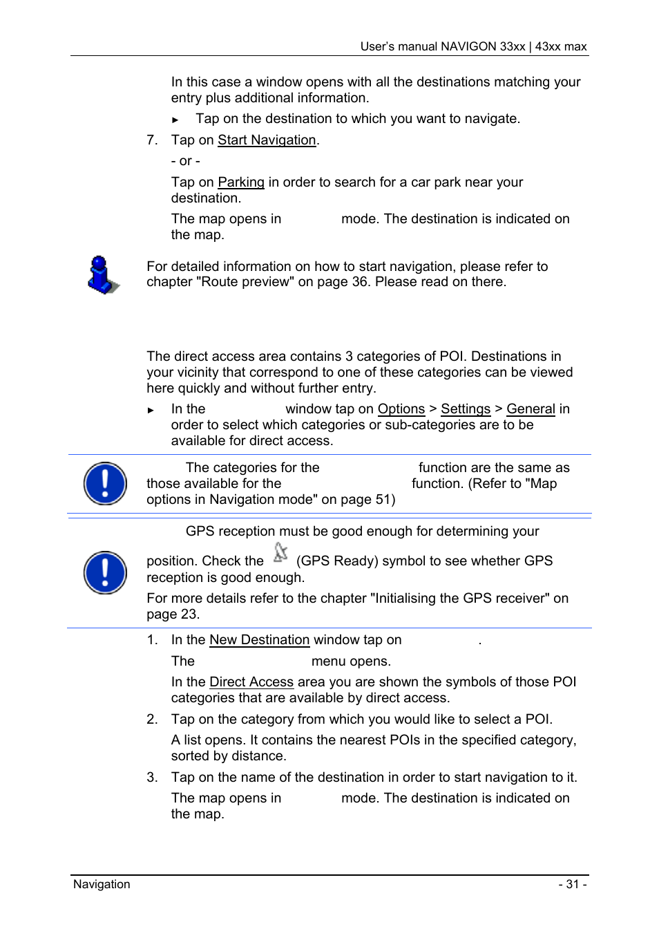 Direct access to poi | Navigon 33xx User Manual | Page 31 / 80