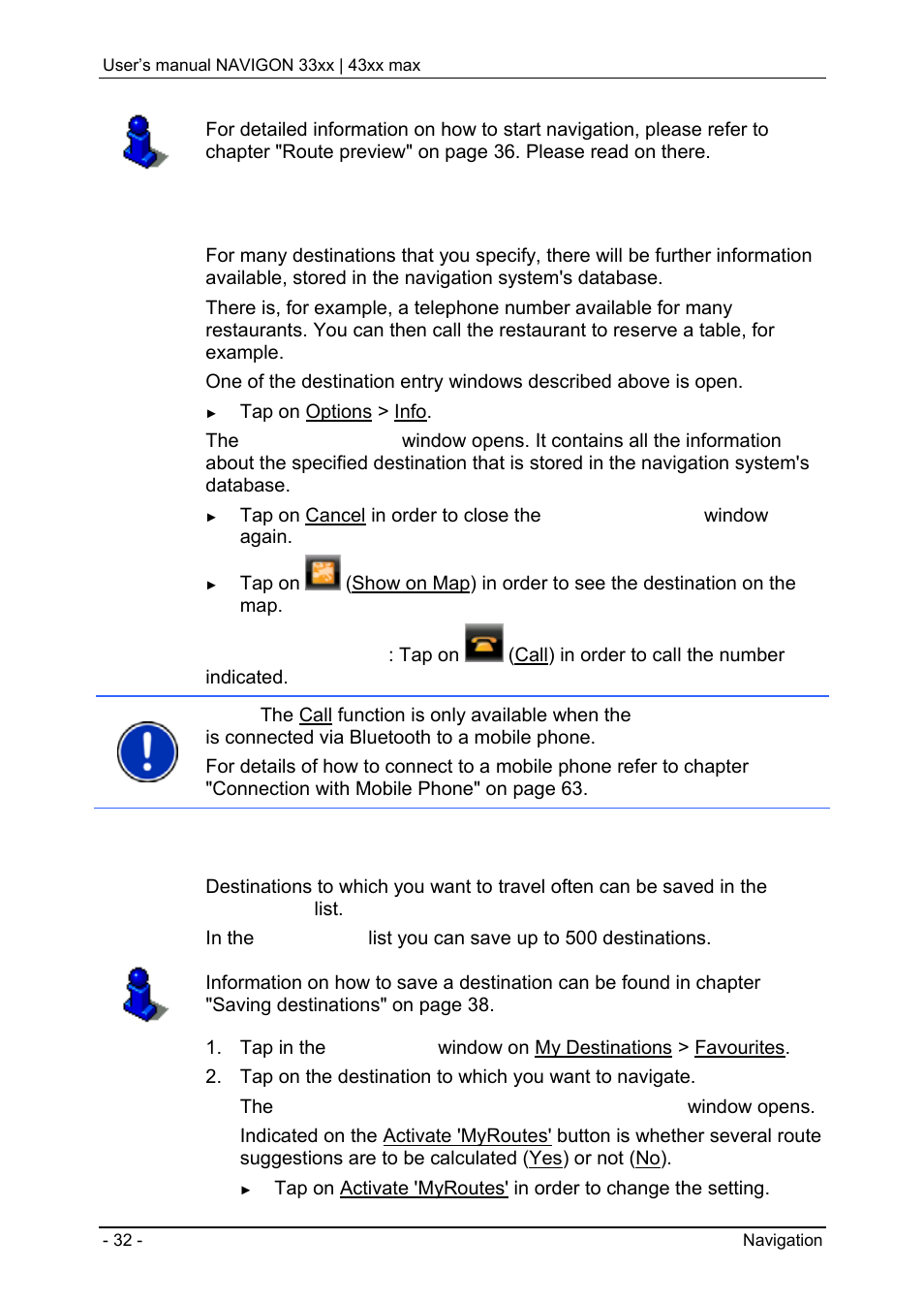 5 information about the destination, 6 favourites | Navigon 33xx User Manual | Page 32 / 80