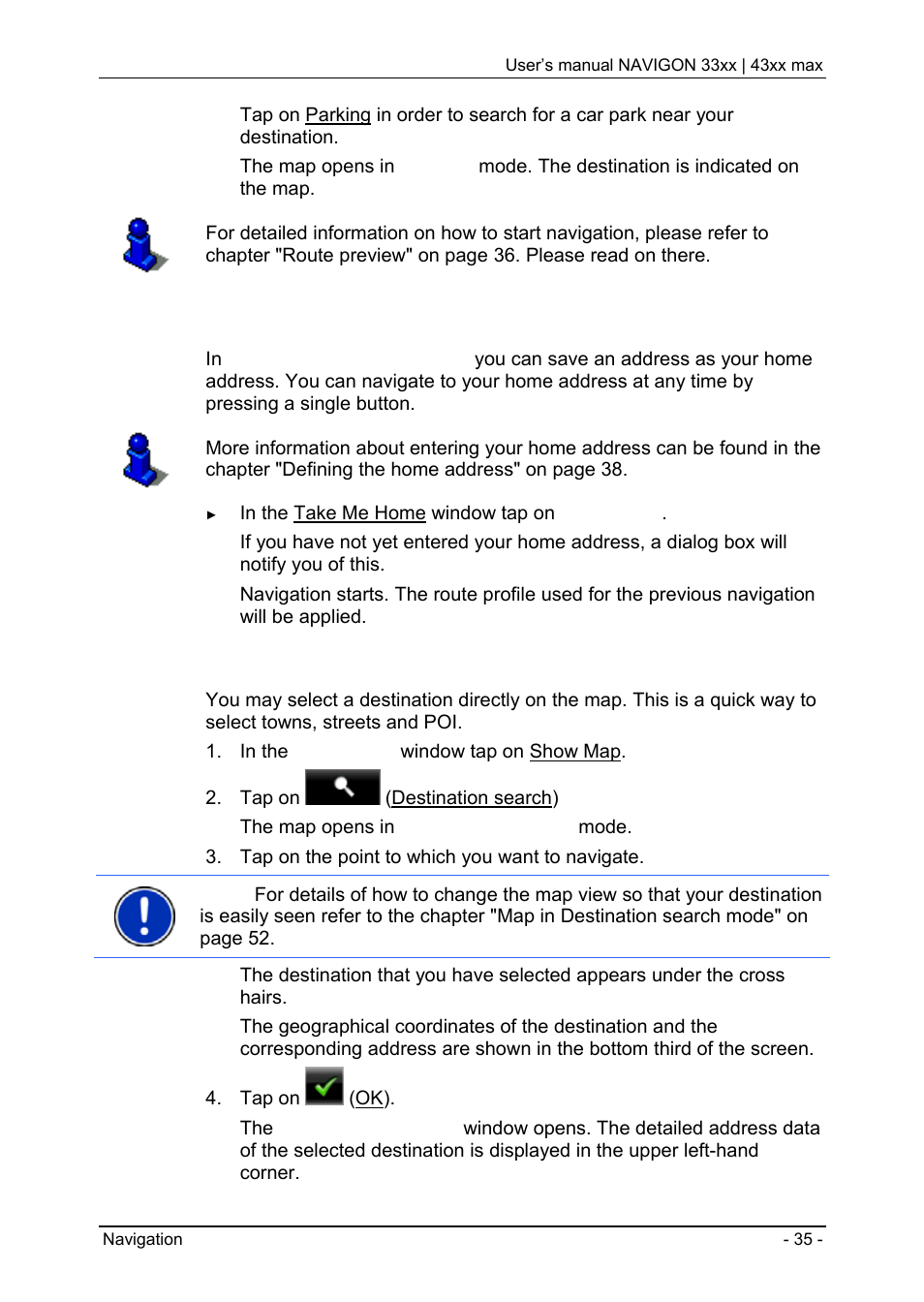 10 navigating home, 11 selecting destinations on the map, Imported addresses from outlook | Navigon 33xx User Manual | Page 35 / 80