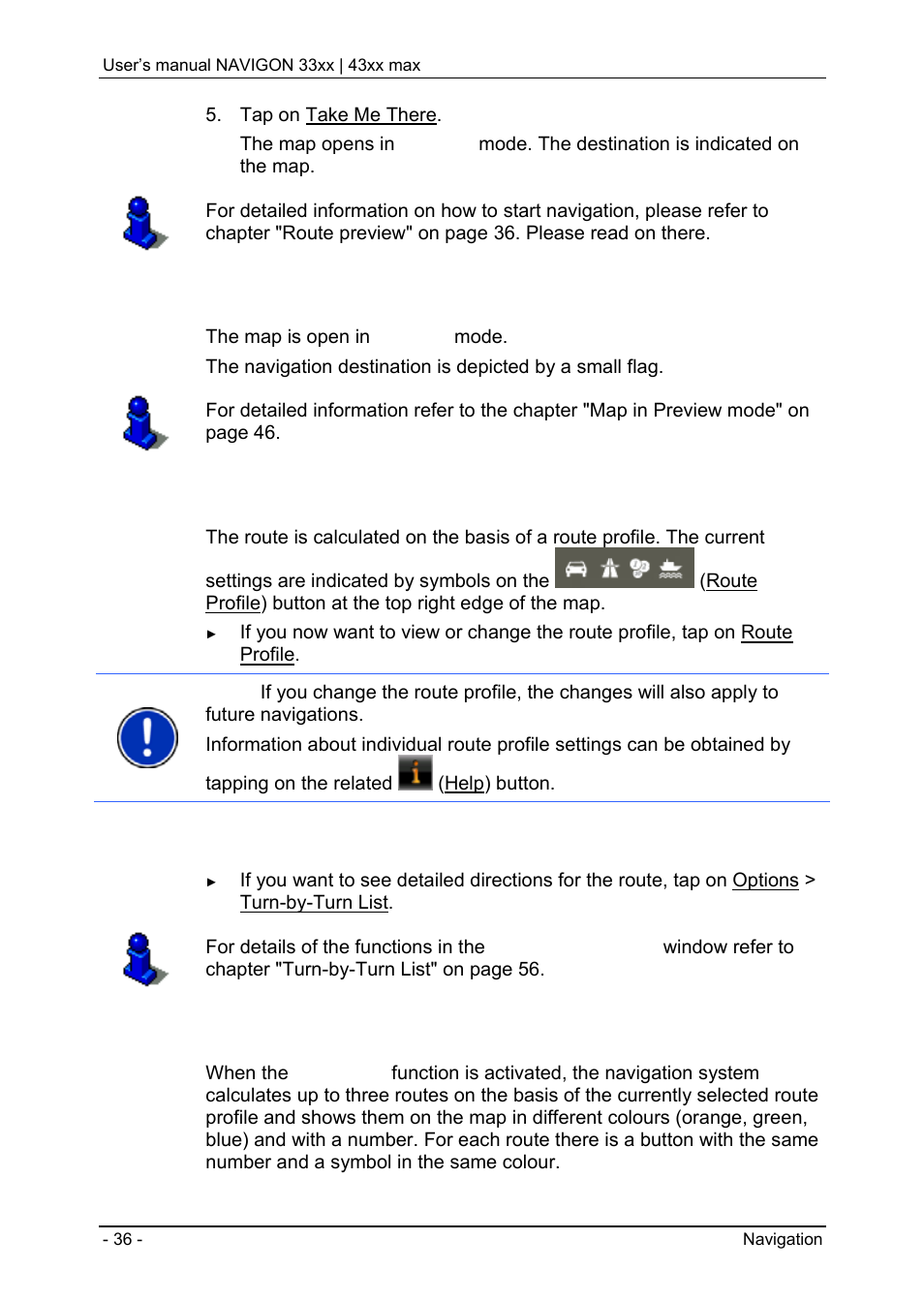 12 route preview, Navigating home, Selecting destinations on the map | Chapter "route preview" on pag, Please read, Route profile, Turn-by-turn list, Myroutes | Navigon 33xx User Manual | Page 36 / 80