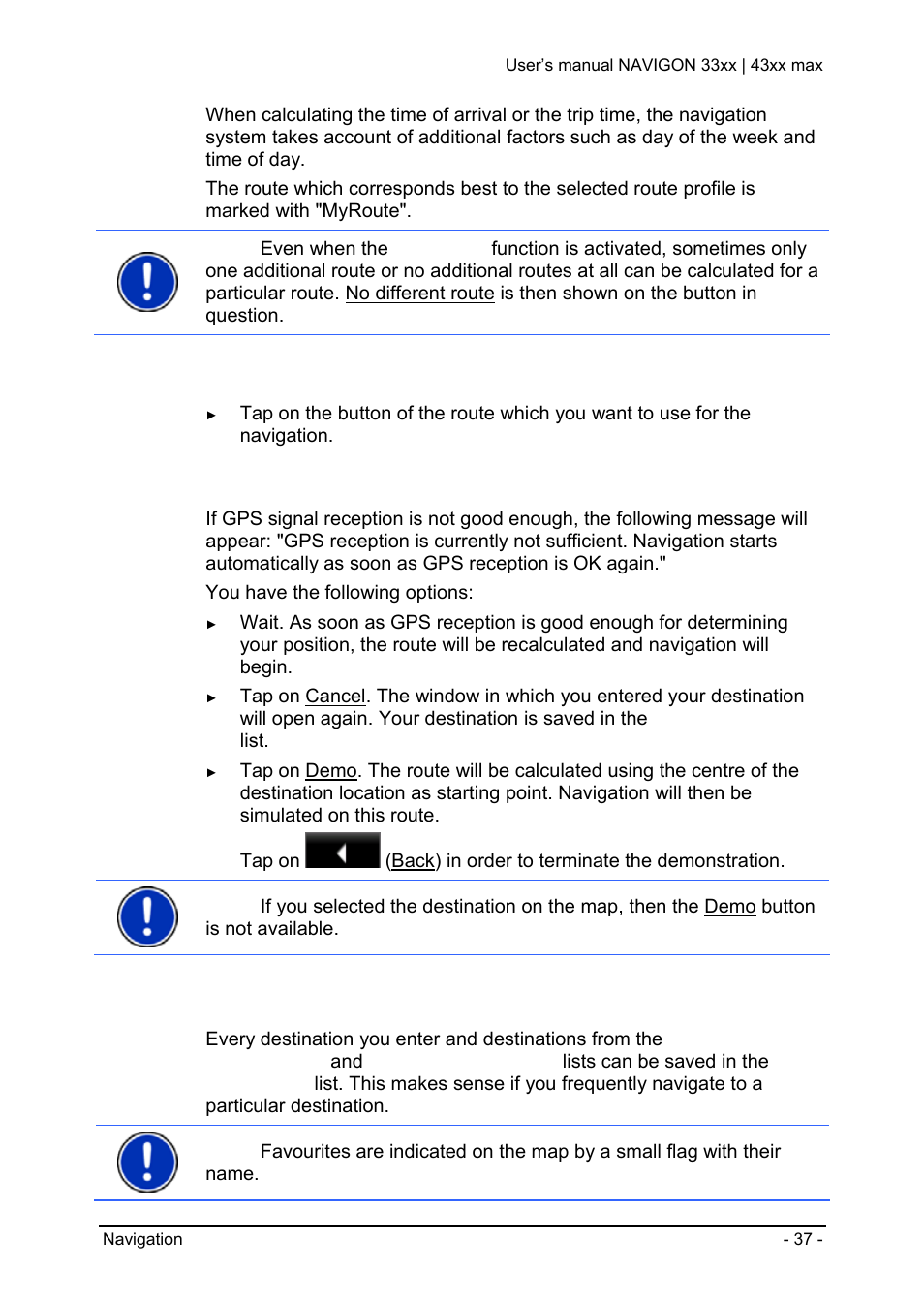 3 managing destinations, Route preview, Start navigation | No gps reception | Navigon 33xx User Manual | Page 37 / 80
