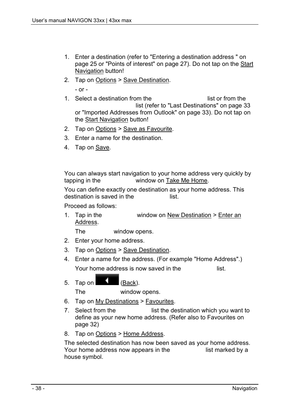 1 saving destinations, 2 defining the home address | Navigon 33xx User Manual | Page 38 / 80