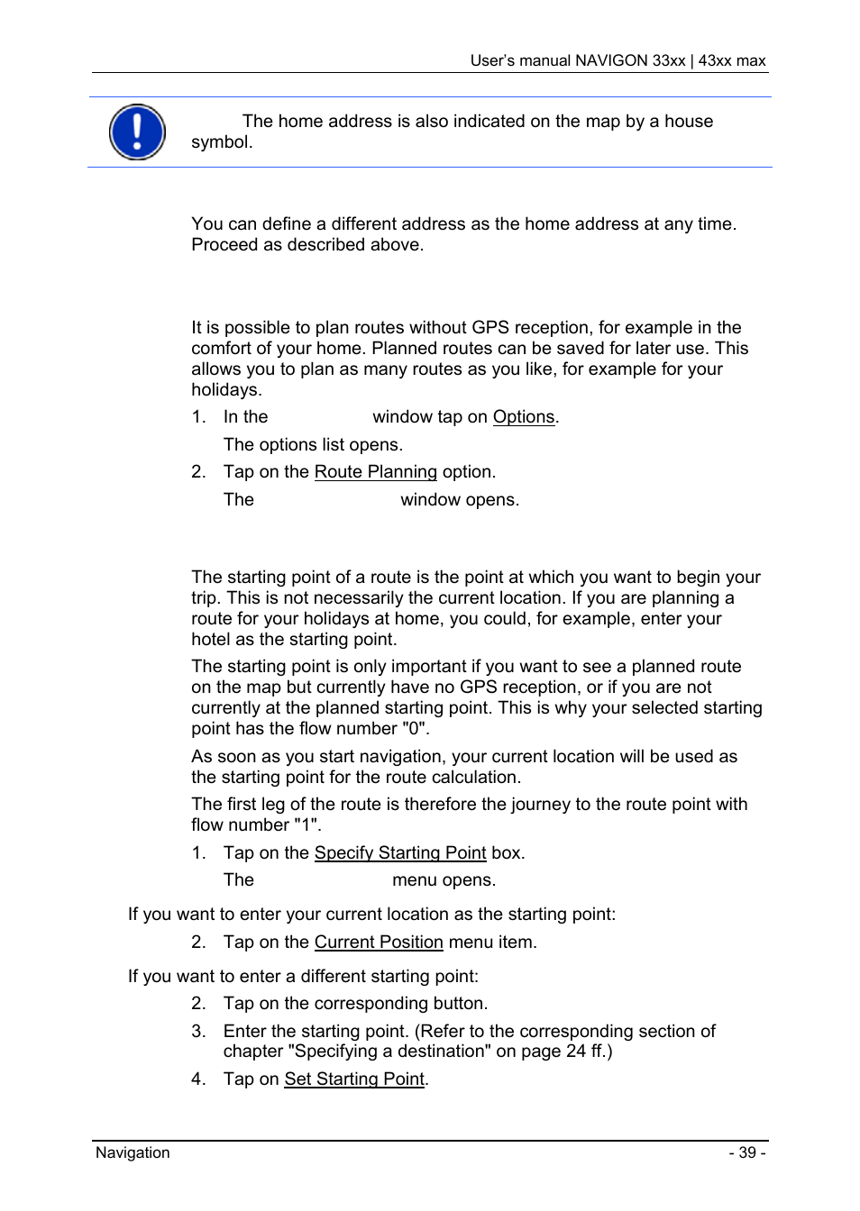 4 multi-leg routes, 1 entering the starting point, Managing destinations | Saving destinations | Navigon 33xx User Manual | Page 39 / 80