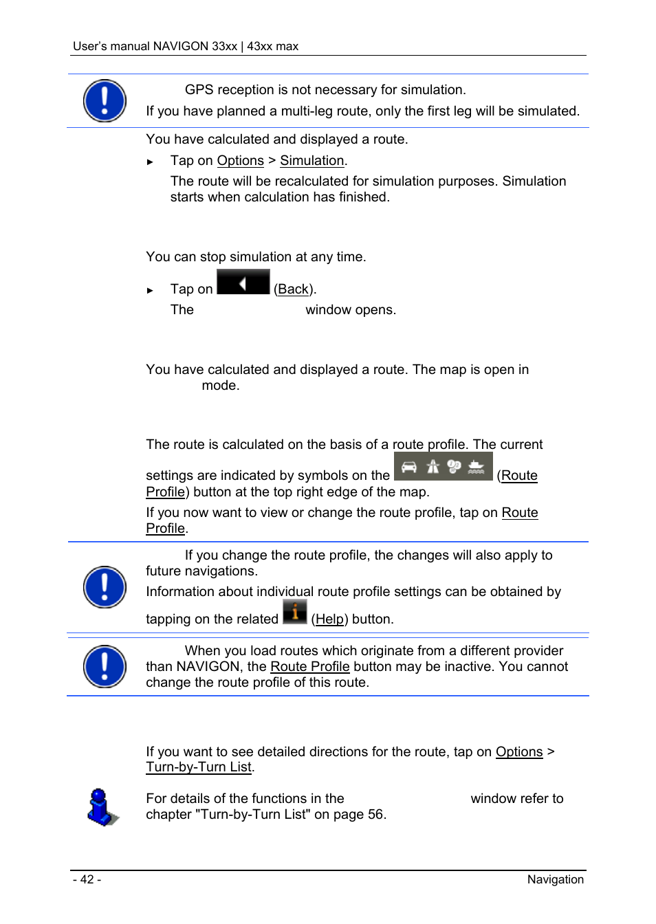 7 route preview, Entering route points, Editing route points | Stopping simulation, Route profile, Turn-by-turn list | Navigon 33xx User Manual | Page 42 / 80