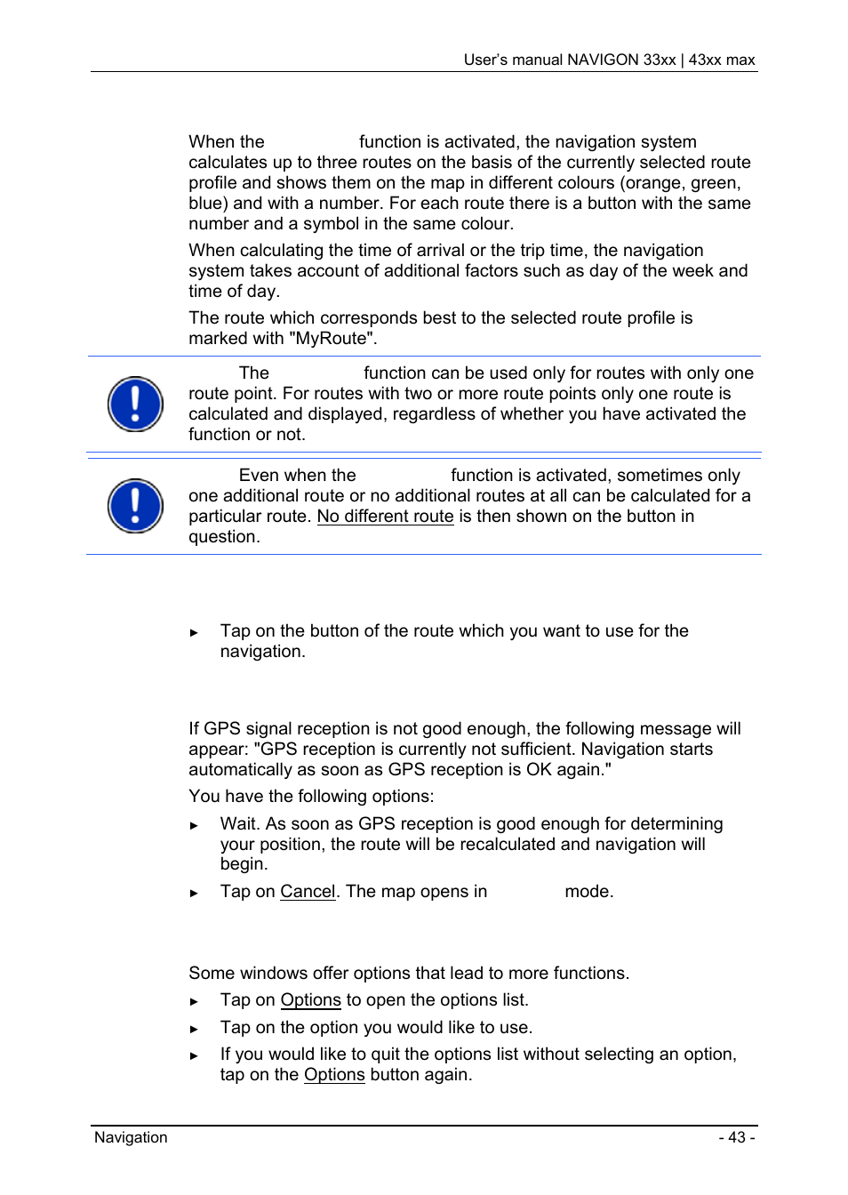5 options, Managing routes, Calculating and displaying routes | Myroutes, Start navigation, No gps reception | Navigon 33xx User Manual | Page 43 / 80