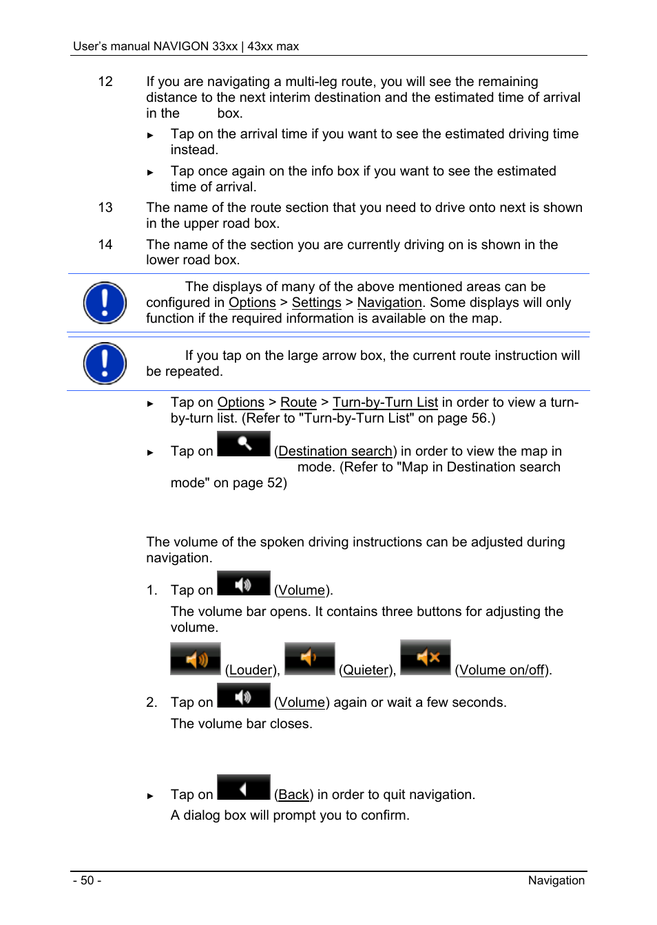 Map in navigation mode, Volume, Quitting navigation | Navigon 33xx User Manual | Page 50 / 80