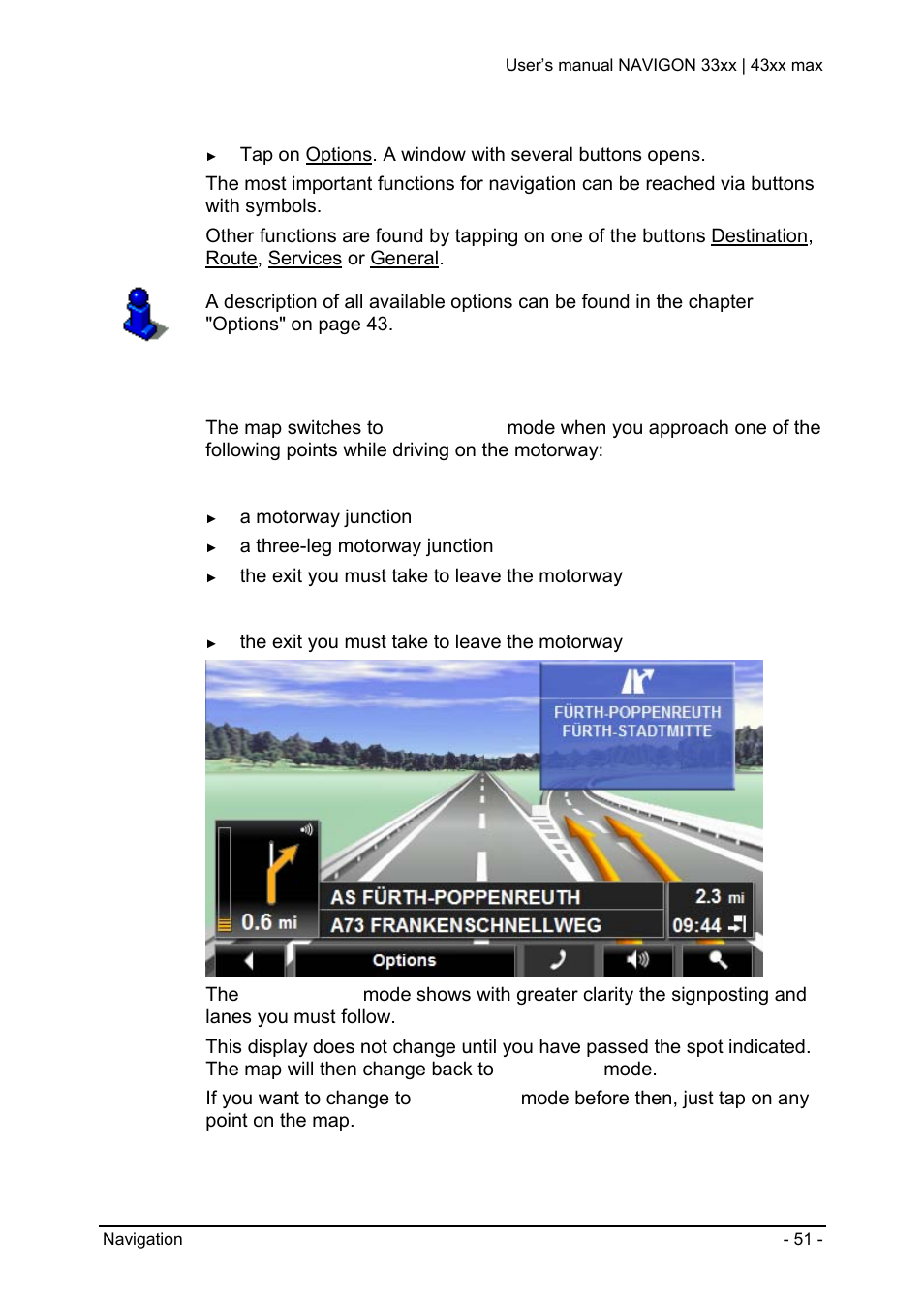 4 reality view, Map options in navigation mode" on p, Map options in navigation mode | Navigon 33xx User Manual | Page 51 / 80