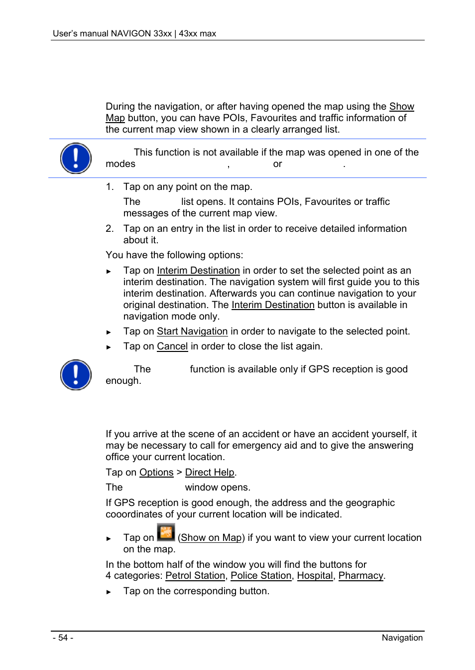 7 useful functions, 1 nearby, 2 direct help | Map in destination search mode | Navigon 33xx User Manual | Page 54 / 80