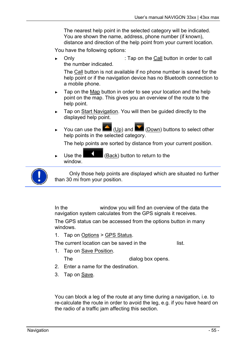 3 gps status, saving the current location, 4 block | Navigon 33xx User Manual | Page 55 / 80