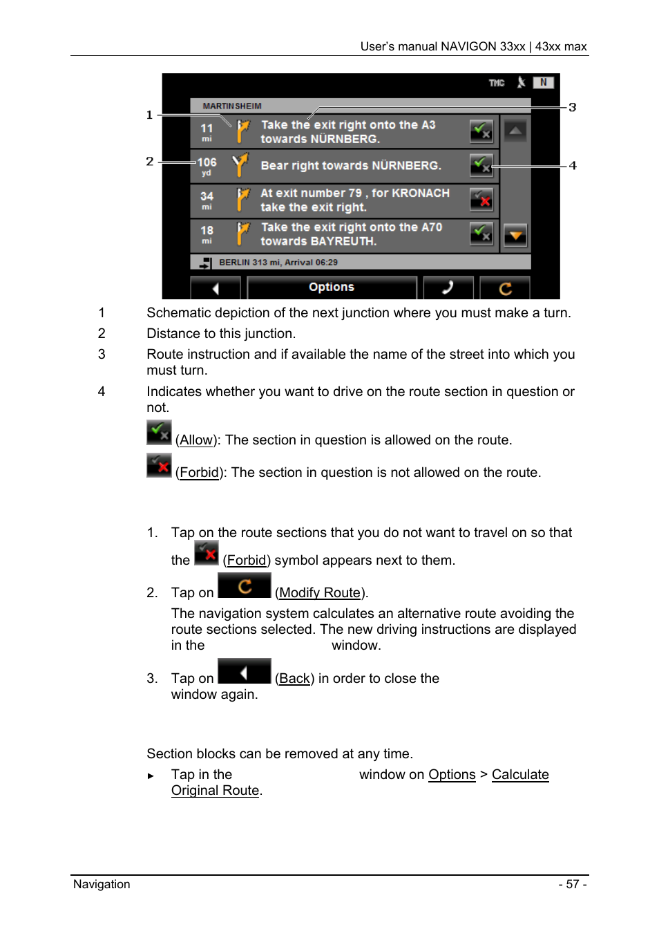 Direct help, Removing blocks and using original routes | Navigon 33xx User Manual | Page 57 / 80