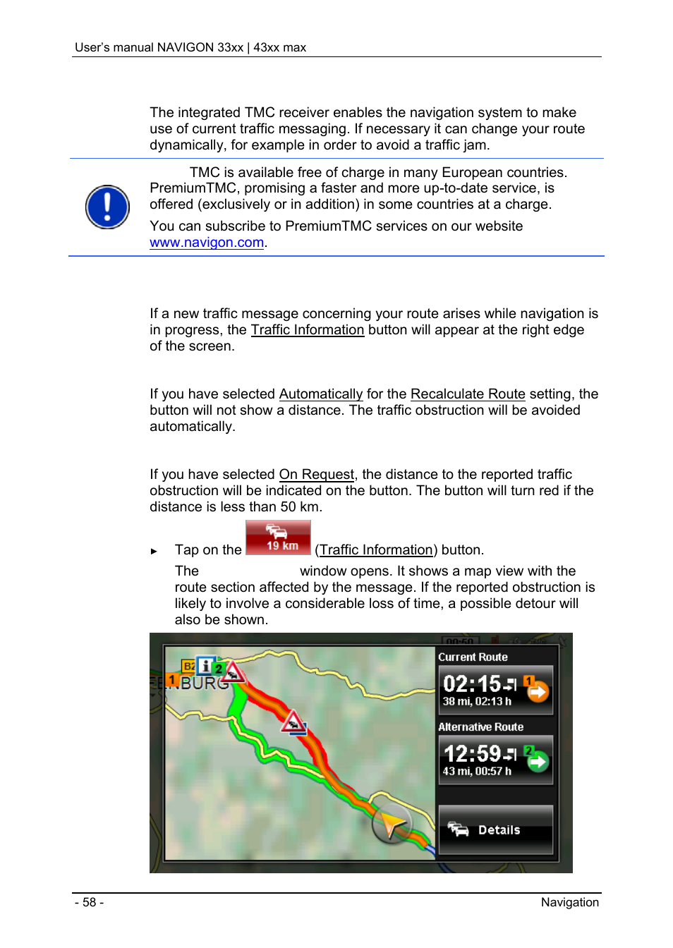 6 tmc (traffic information), Gps status, saving the current location, Block | Tmc (traffic information), Preview tmc | Navigon 33xx User Manual | Page 58 / 80