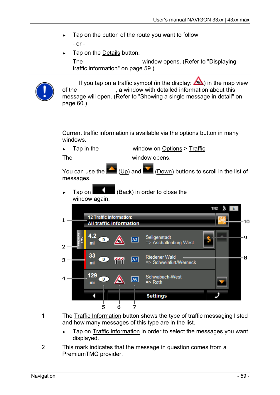 Turn-by-turn list, Displaying traffic information" on, Displaying traffic information | Navigon 33xx User Manual | Page 59 / 80