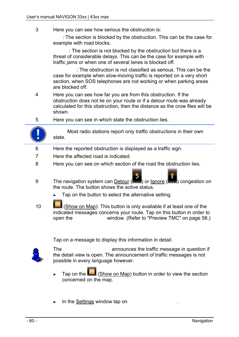 Tmc (traffic information), Tmc settings, Showing a single message in detail | Navigon 33xx User Manual | Page 60 / 80