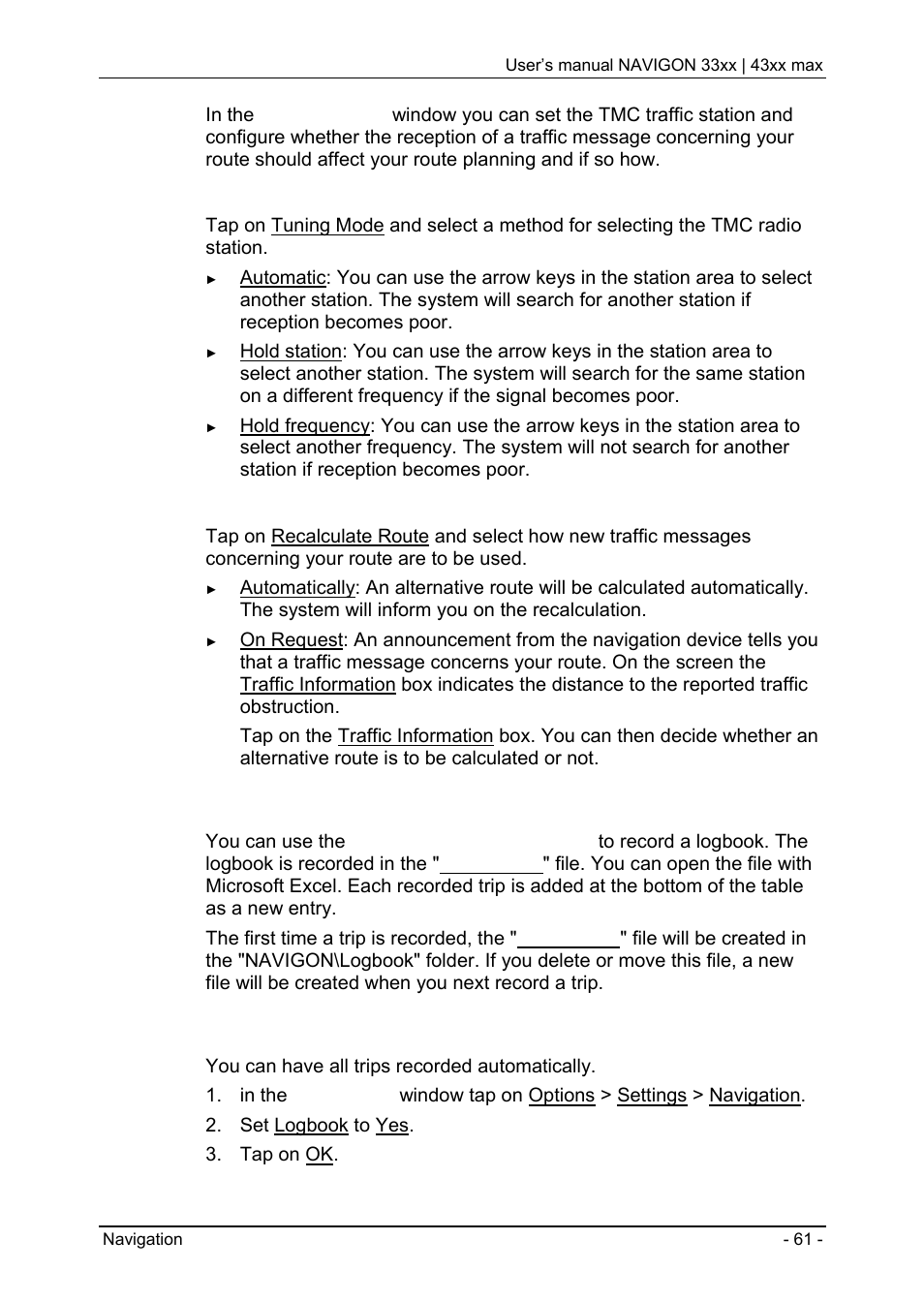 7 logbook, Recording trips | Navigon 33xx User Manual | Page 61 / 80
