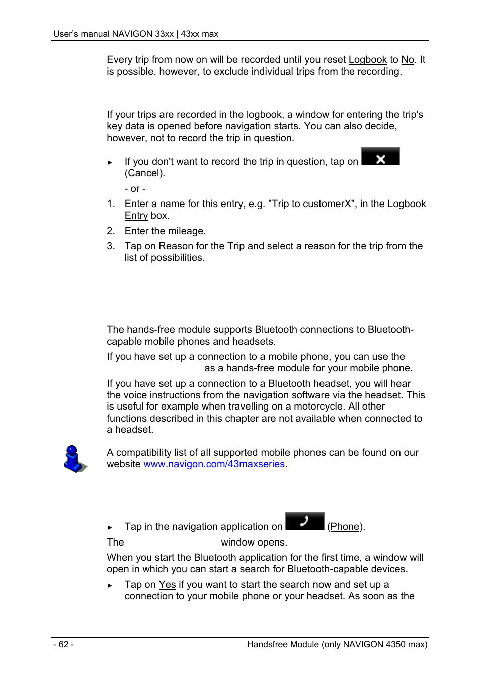 7 handsfree module (only navigon 4350 max) | Navigon 33xx User Manual | Page 62 / 80
