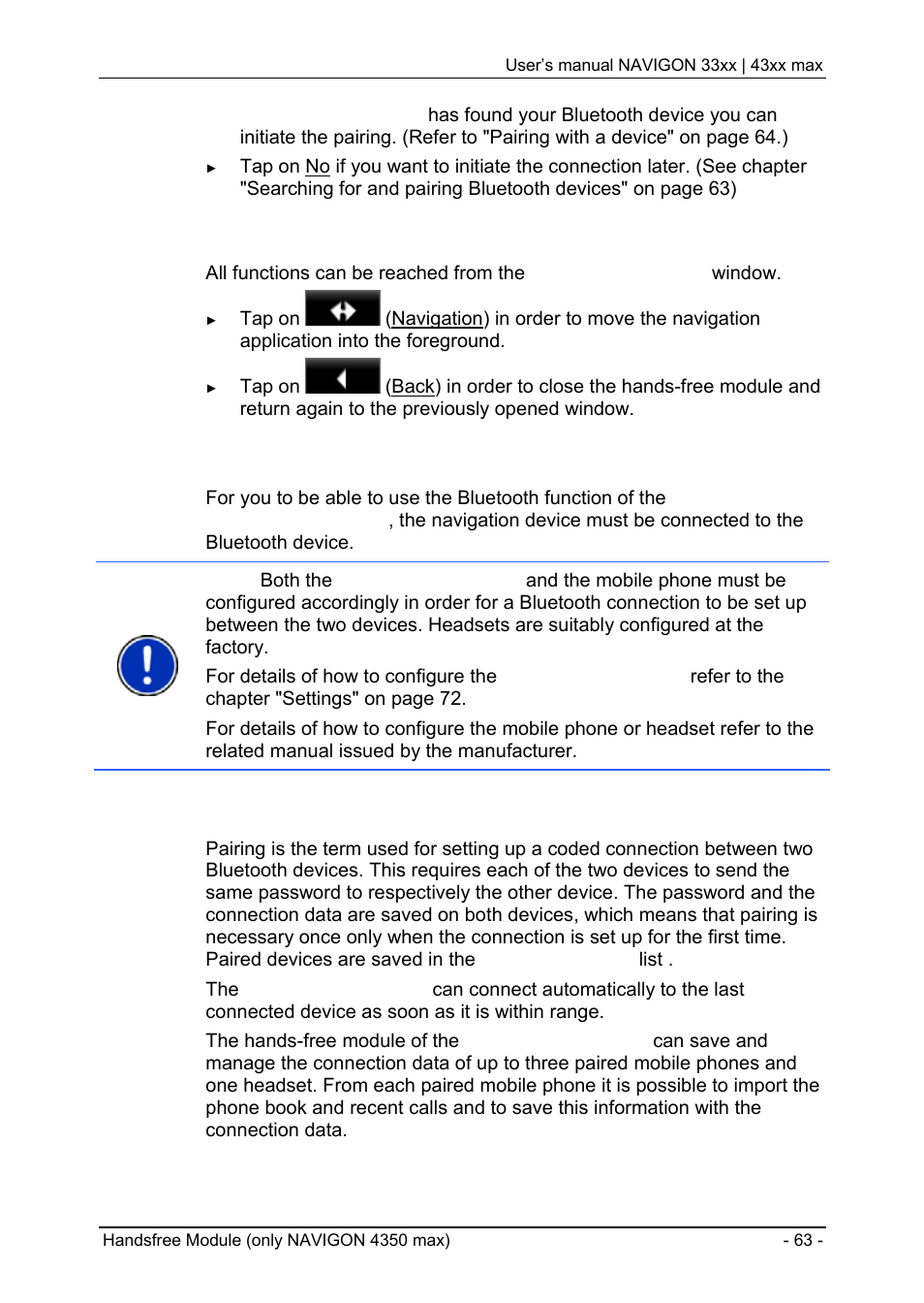 1 connection with mobile phone, 1 searching for and pairing bluetooth devices, Connection with mobile phone" o | Operating the hands-free module | Navigon 33xx User Manual | Page 63 / 80